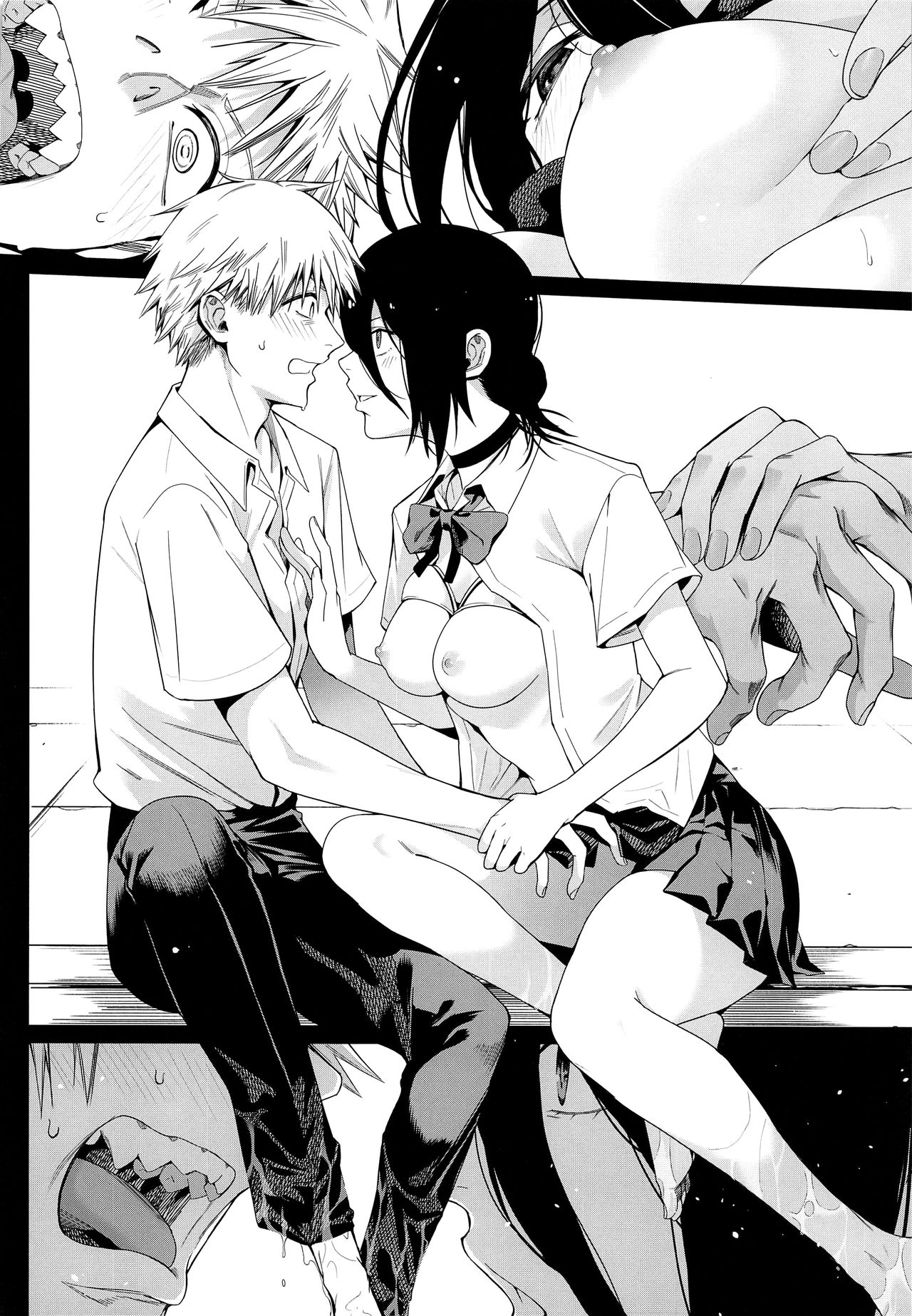 1boy, 1girls, breasts, breasts out, chainsaw man, clothed male nude female, comic, denji (chainsaw man), dominant female, female, male, nervous, partially clothed, reze (chainsaw man), submissive male