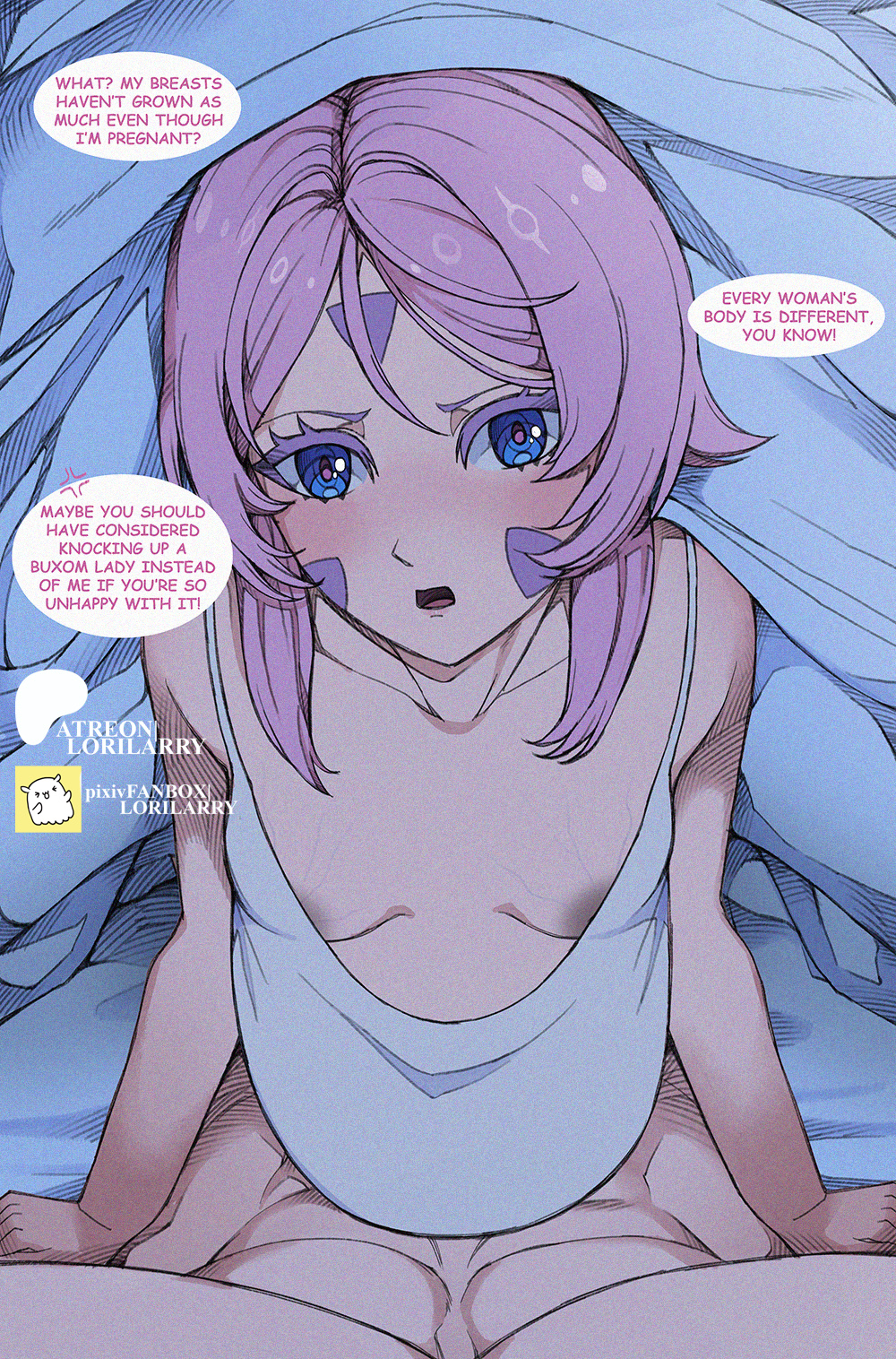 1boy1girl, 1girls, abs, aether (genshin impact), annoyed, areolae, big belly, bloated belly, blue eyes, blush, camisole, citlali (genshin impact), clothed, clothing, dark areola, female, female focus, genshin impact, hoyoverse, insecure, irritated, long hair, lorilarry, male, mihoyo, pink hair, pregnant, small breasts, traveler (genshin impact), tsundere, under covers