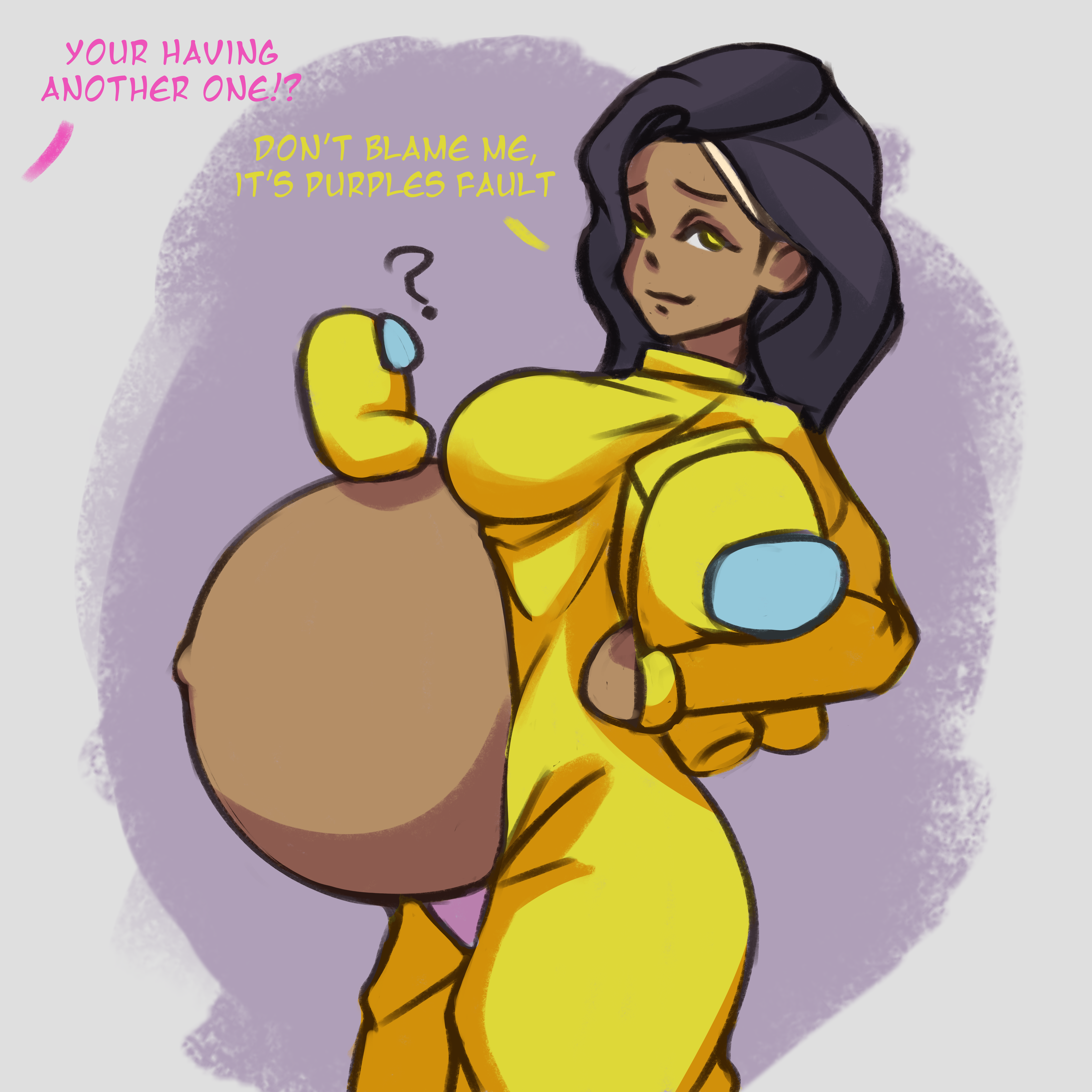 1girls, among us, belly button, big belly, big breasts, black hair, breasts, dark skin, dark-skinned female, eiosios, female, long hair, looking at viewer, milf, panties, pink (among us), pregnant, pregnant female, tagme, unseen character, yellow (among us), yellow clothing, yellow eyes