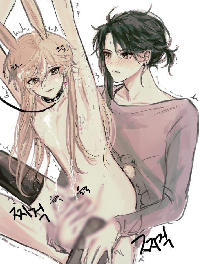 2boys, aether (genshin impact), artist request, blonde hair, blue hair, blur censor, bunny ears, censored, collar, earrings, genshin impact, leash, male, xiao (genshin impact), yaoi