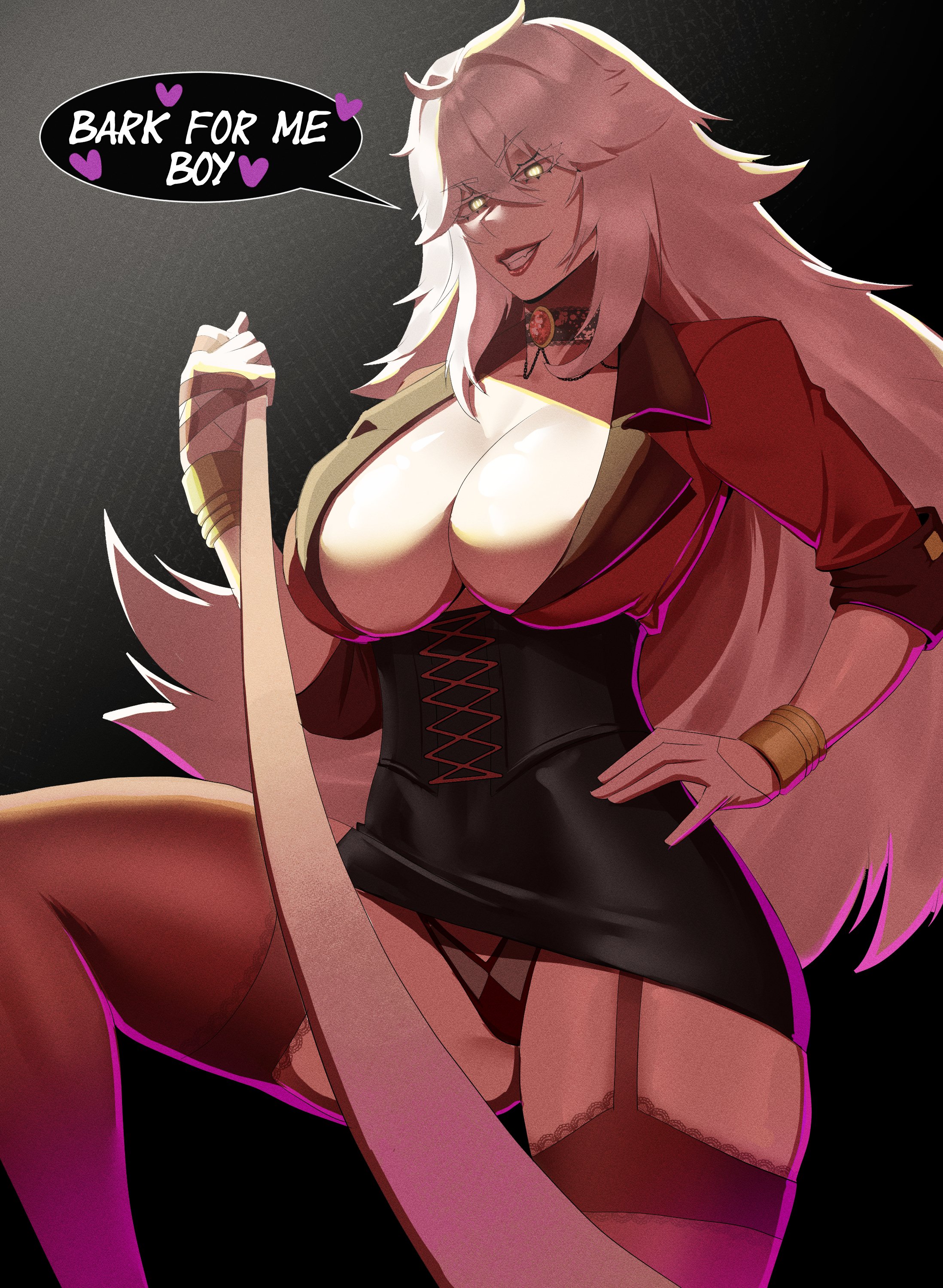 1girls, 2025, 2d, breasts, choker, cleavage, clothed, clothed female, dialogue, english dialogue, female, female focus, femdom, g-string, garter straps, glowing eyes, heart, hi res, huge breasts, leash, leash pull, leashed pov, light skin, light-skinned female, lingerie, long hair, long-haired female, male pov, malesub, miru5, panties, pantyshot, pantyshot (standing), petplay, pov, simple background, smirk, socks agency, speech bubble, stockings, submissive pov, talking to viewer, upskirt, vtuber, white hair, white-haired female, yellow eyes, yellow-eyed female, zentreya, zentreya (cyborg), zentreya (cyborg) (regal)