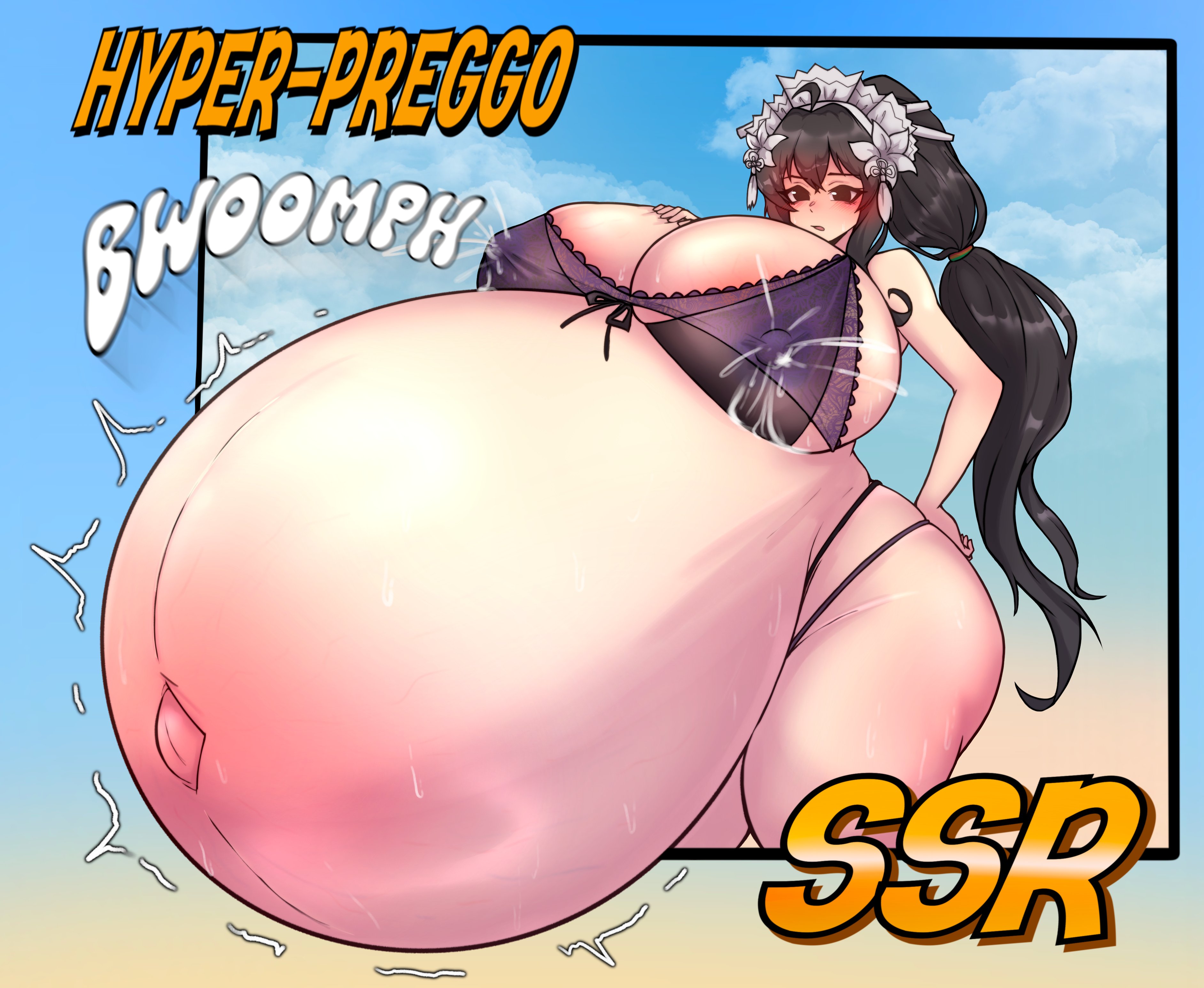 1girl, art trade, belly, blush, breasts, curvy, female, fetal movement, gacha (game mechanic), gigantic ass, gigantic belly, gigantic breasts, hanapregs, hand on breast, hand on hip, huge breasts, hyper belly, hyper pregnancy, lactation through clothes, looking down, motion lines, outie navel, pregnant, rapid pregnancy, solo, thick thighs, wide hips