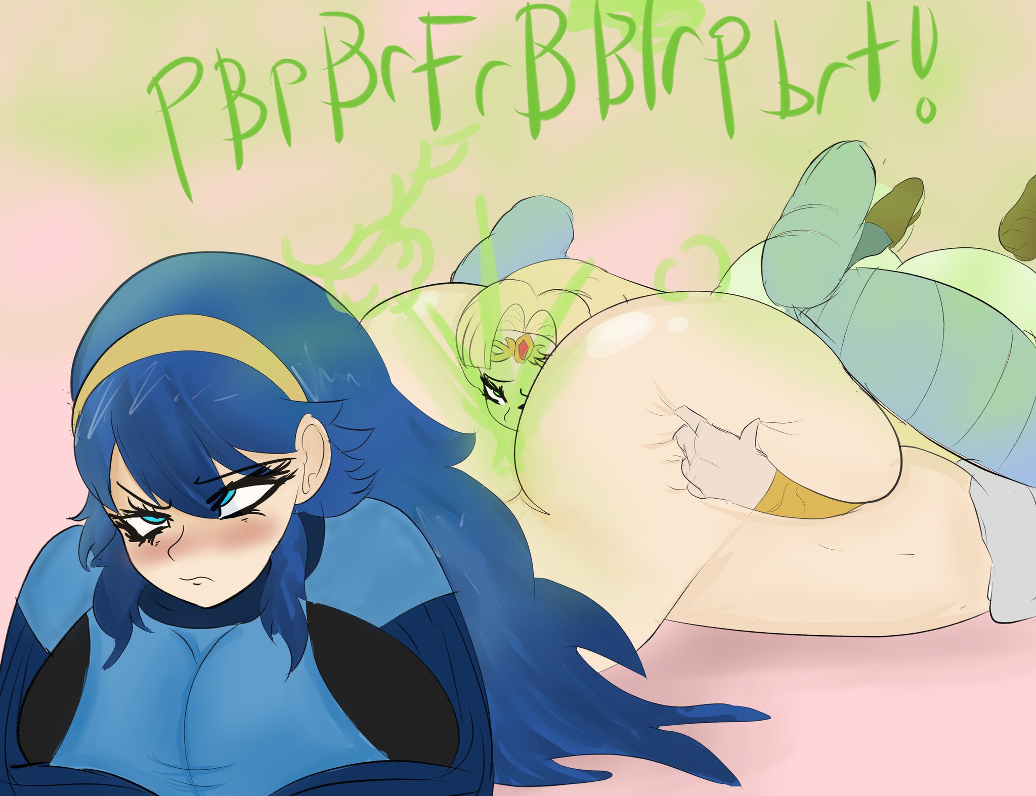 ass, blonde hair, blue eyes, blue hair, breasts, clothing, eyelashes, fart, female, female only, fire emblem, fire emblem awakening, jewelry, long hair, lucina (fire emblem), melissaalli, nintendo, princess zelda, the legend of zelda, yuri, zelda (a link between worlds)