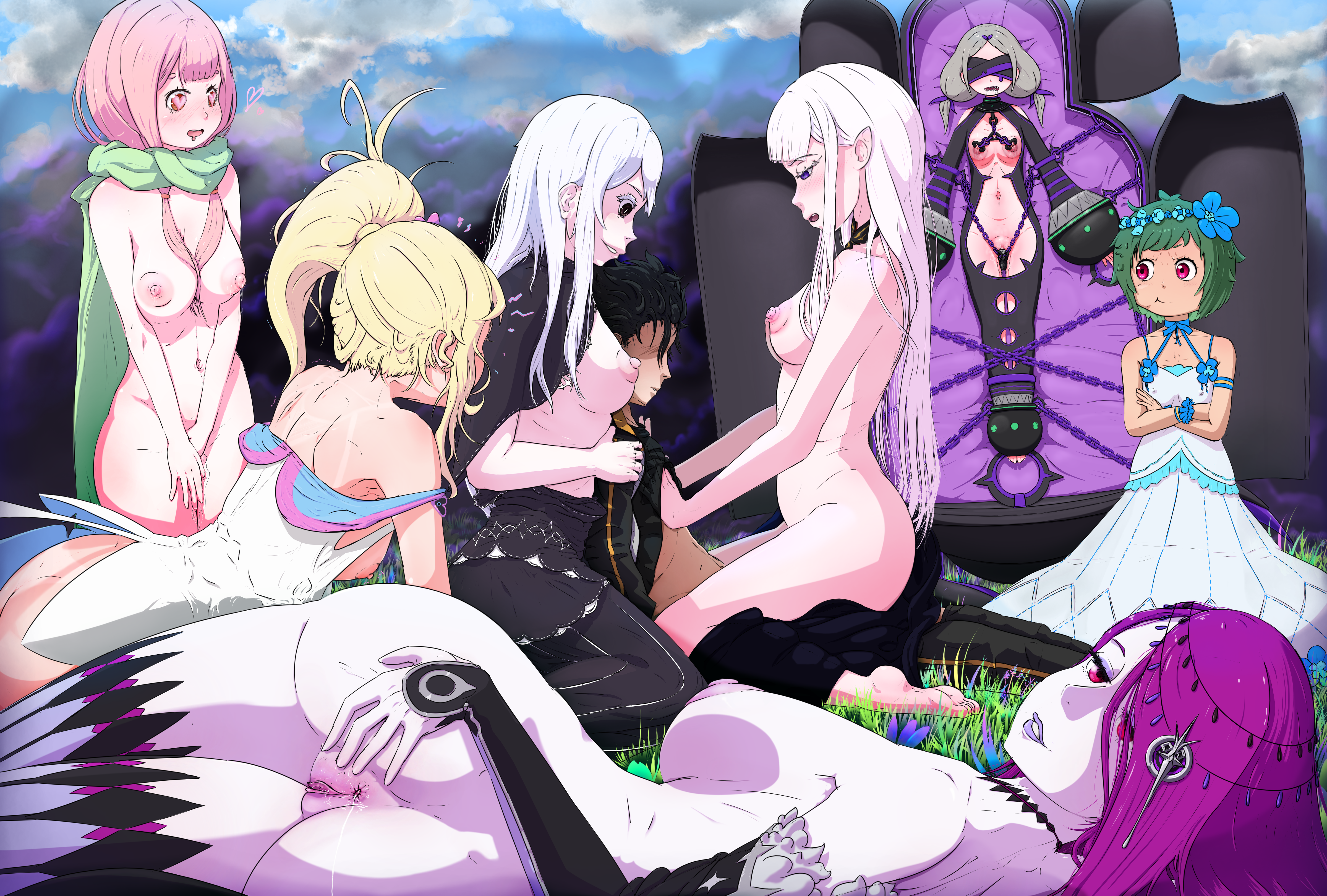1boy, 7girls, absurd res, almost naked, almost naked female, almost nude, almost nude female, annoyed, annoyed expression, anus, ass, ass bigger than head, ass crack, ass focus, ass grab, asshole, bangs, bdsm, bdsm gear, black clothing, black dress, black eyes, blindfold, blonde, blonde female, blonde hair, blonde hair female, blonde-haired female, blush, blush lines, blushing, blushing at partner, blushing female, boobs, breasts, carmilla (re:zero), chained, chains, color, colored, cum, cum drip, cum in ass, cum in pussy, cum on body, daphne (re:zero), echidna (re:zero), ecstasy, ecstatic, female, female on top, field, flower in hair, girl on top, grass, grass field, green hair, grey hair, grinning, grinning at viewer, group, group sex, hair, hair ornament, head between breasts, heart, heart eyes, high resolution, highres, huge areolae, huge boobs, huge breasts, huge nipples, huge tits, kneeling, landscape, large breasts, line art, lineart, lipstick, long hair, looking at viewer, looking back, lustful gaze, magenta eyes, magenta hair, massive boobs, massive breasts, massive tits, minerva (re:zero), missionary, missionary position, missionary sex, natsuki subaru, navel, original artwork, pale skin, pale-skin, pale-skinned female, partially clothed, partially clothed female, partially nude, partially undressed, penetration, pierced nipples, pink areola, pink body, pink eyes, pink hair, pink nipples, pink skin, purple eyes, purple hair, pussy, pussy focus, pussy juice, pussy juice drip, pussy lips, re:zero, re:zero kara hajimeru isekai seikatsu, red eyes, satella (re:zero), sekhmet (re:zero), self upload, sex, sex toy, short hair, side boob, side ponytail, side view, sideboob, silver hair, sitting, sitting on another, sitting on penis, sitting on person, sky, smiling, smiling at viewer, straight, straight hair, tan body, tan skin, tanline, tanlines, tanned, tanned female, tanned skin, tits, twintails, twintails (hairstyle), typhon (re:zero), uncensored, vagina, wet, wet pussy, white body, white dress, white hair, white skin, yellow hair