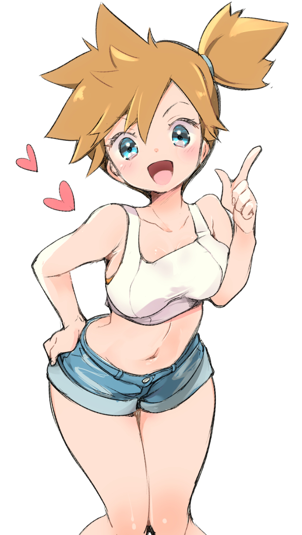 asymmetrical_hair belt_loop blue_eyes blush breasts chorimokki denim denim_shorts female gym_leader heart kasumi_(pokemon) legs midriff navel open_mouth orange_hair pokemon pokemon_rgby ponytail red_hair short_hair short_shorts shorts side_ponytail smile solo tank_top thighs tied_hair