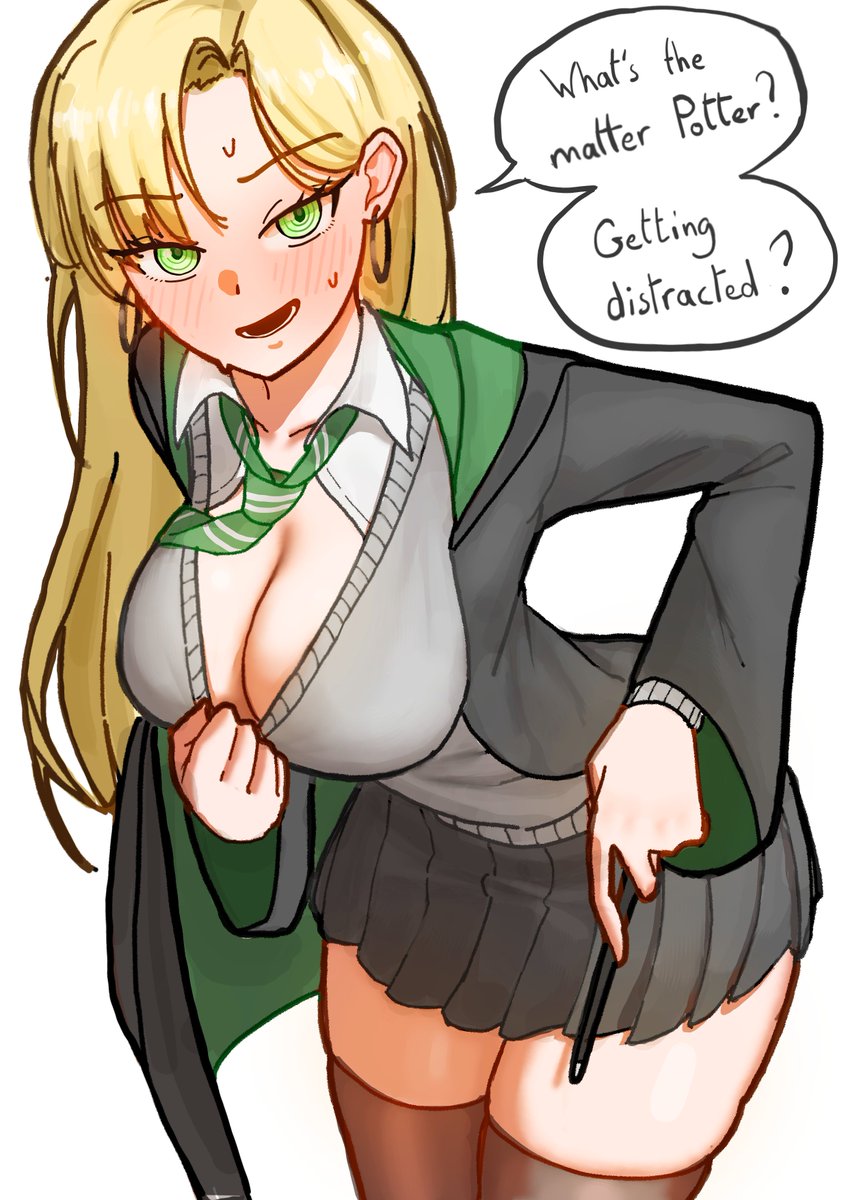1boy, 1girls, draco malfoy, draco malfoy (redteneri), harry potter, school uniform, skirt