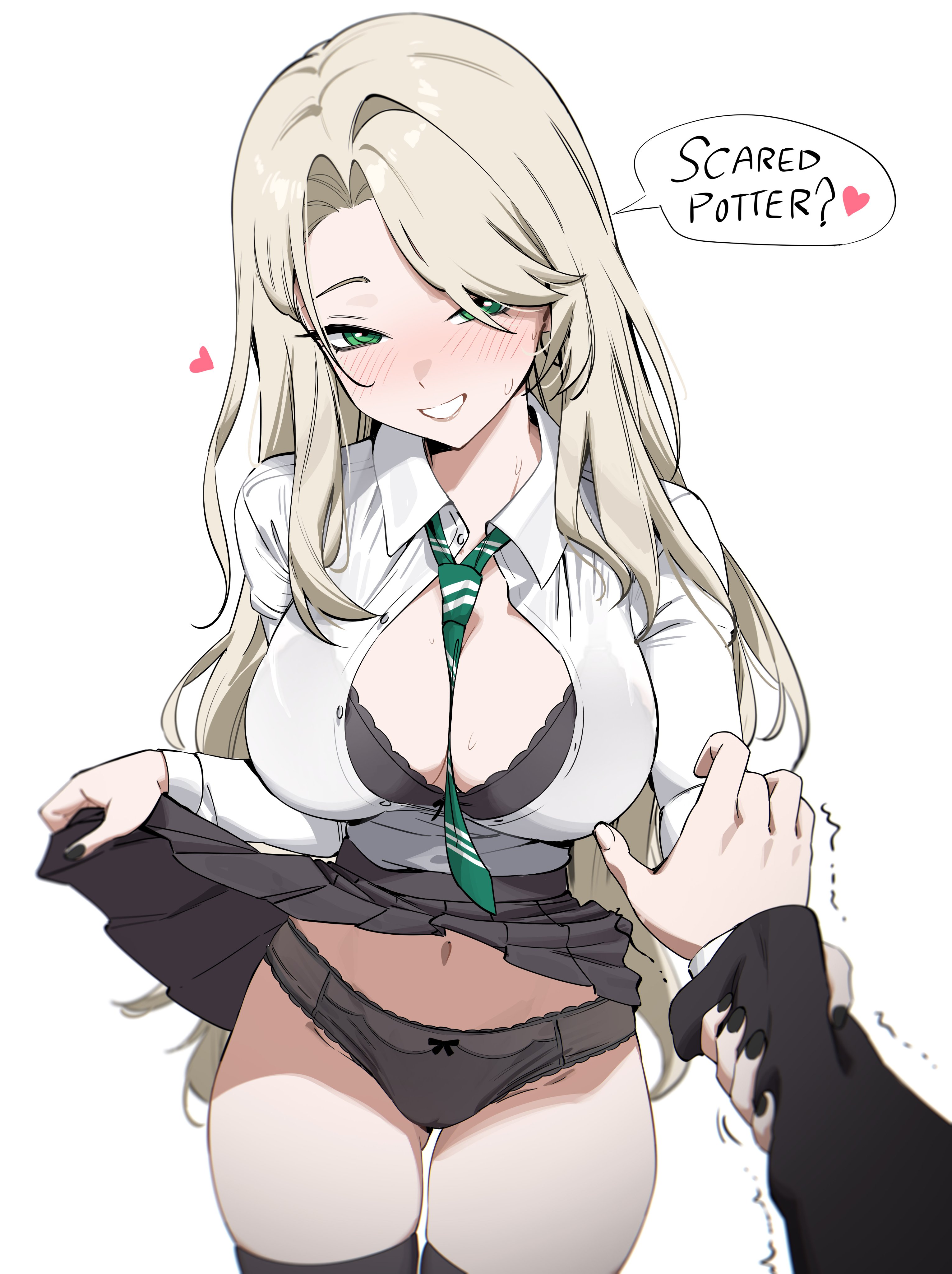 1boy, 1girls, artist request, breasts, draco malfoy, draco malfoy (redteneri), female, female focus, genderswap, harry james potter, harry potter, large breasts, light skin, light-skinned female, looking at viewer, panties, rule 63, school uniform, skirt, thick thighs, thighs, wide hips