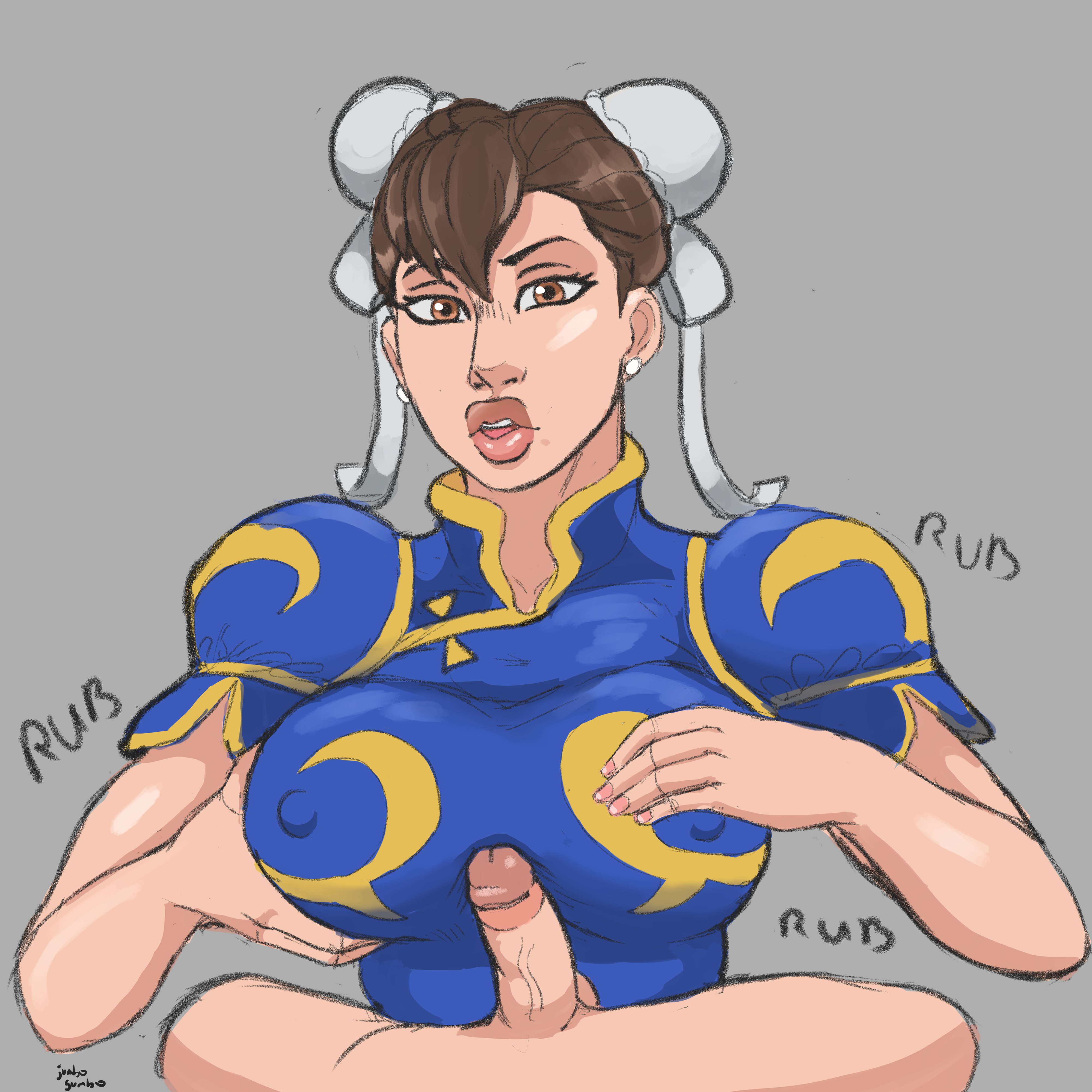 1boy, 1girls, breasts, capcom, chun-li, double bun, female, fingernails, hair buns, jumbogumbo, male, paizuri, paizuri over clothes, penis, small penis, small penis adoration, street fighter, street fighter ii, tagme