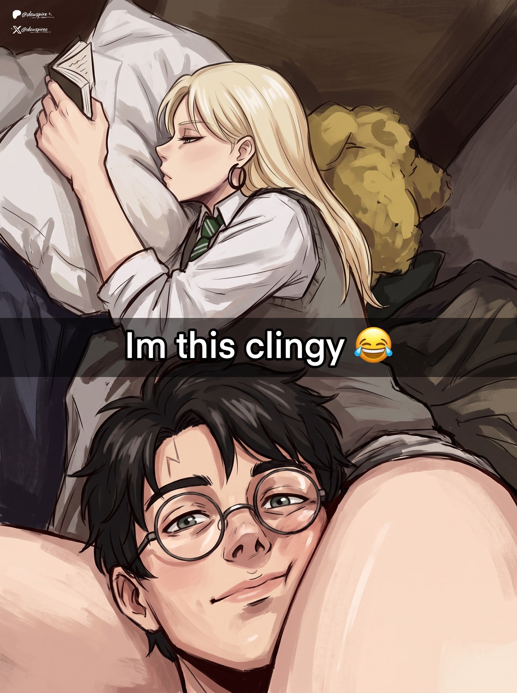 1boy, 1girls, bed, blonde hair, book, caption, dewspire, draco malfoy, draco malfoy (redteneri), glasses, green eyes, harry james potter, harry potter, im this clingy (meme), long hair, pillow, smile, thick thighs