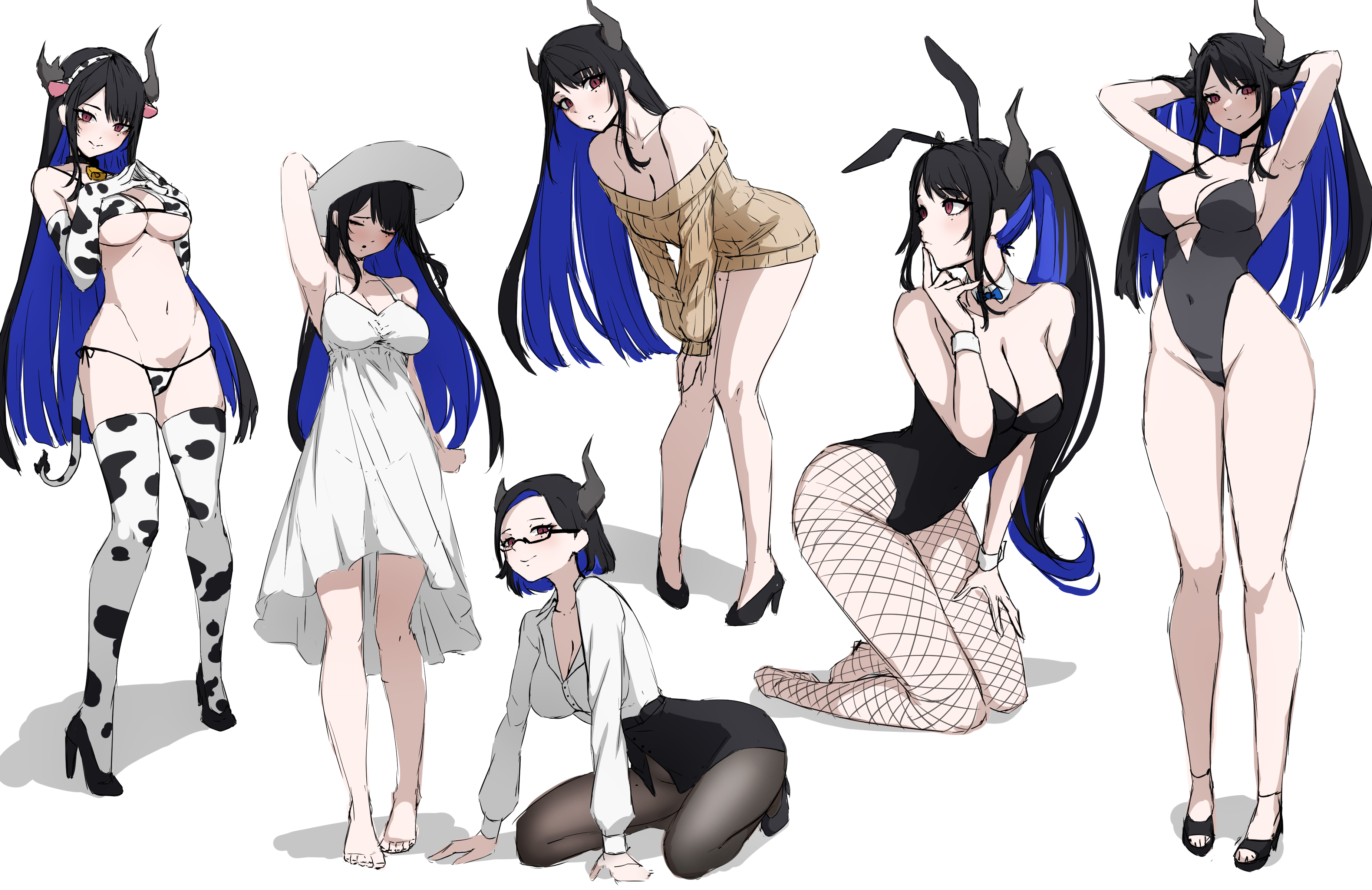 1girls, 2d, 2d (artwork), 2d artwork, adult, adult female, arm behind head, arm support, armpit, armpit crease, armpit peek, armpits, arms behind head, beach hat, belly, belly button, big boobs, big breasts, bikini, bikini bottom, bikini top, black bunny ears, black bunnysuit, black footwear, black hair, black hairband, black high heels, black horn, black horns, black legwear, black leotard, black pantyhose, black shoes, black skirt, black stockings, black tights, black topwear, black-haired female, blue bowtie, blue hair, blue-haired female, bowtie, breasts, breasts apart, brown sweater, brown topwear, bunny costume, bunny ears, bunnygirl, bunnygirl outfit, bunnysuit, busty, busty female, busty girl, calves, cleavage, closed mouth smile, clothes, collar, collarbone, cow print, cow print armwear, cow print bikini, cow print legwear, cow print stockings, cow print swimsuit, cow print thigh highs, cow print thighhighs, cowprint, cowprint armwear, cowprint bikini, cowprint legwear, cowprint swimsuit, cowprint thighhighs, curvaceous, curvaceous body, curvaceous female, curvaceous figure, curvaceous hips, curvy, curvy body, curvy female, curvy figure, curvy hips, dayyo (daydarion/day-chan), digital, digital art, digital drawing, digital drawing (artwork), digital media, digital media (artwork), drawing, dress, female, female focus, female only, fingers, fishnet legwear, fishnet pantyhose, fishnet stockings, fishnet tights, footwear, full body, glasses, glasses on face, glasses on head, groin, hairless armpits, halterneck, hand behind head, hand on leg, hand on own leg, hand on own thigh, hand on thigh, hands behind head, hat, head tilt, high heels, highleg leotard, hip dips, hololive, hololive english, horn, horns, hourglass figure, inframammary fold, inguinal crease, inguinal ligament, kneeling, kneeling female, kneeling on floor, kneeling on ground, knees, knees together, knees together feet apart, large boobs, large breasts, lean figure, leaning, leaning forward, legs, legs closed, legs folded, legs together, legs together feet apart, legwear, leotard, light smile, long hair, looking at viewer, mature, mature female, medium hair, midriff, milk maid, multiple versions, multiple versions in one image, narrow waist, navel, nerissa ravencroft, nerissa ravencroft (casual), outfit, pantyhose, ponytail, posing, posing for the viewer, posing naked, posing nude, presenting armpit, profile, red eyes, red-eyed female, seiza, semi-rimless glasses, shaved armpits, shirt, shoes, shoulders, sidelocks, simple background, sitting, sitting on floor, sitting on ground, sitting on knees, skirt, slender body, slender waist, slight smile, slim female, slim waist, smile, smiley face, smiling, smiling at viewer, solo, standing, stockings, string bikini, sundress, sweater, swimsuit, swimwear, thick thighs, thigh gap, thighs, thighs together, thong bikini, tights, tilted head, topwear, touching leg, touching thigh, under-rim glasses, underboob, very long hair, very long hair female, virtual youtuber, voluptuous, voluptuous body, voluptuous female, voluptuous figure, voluptuous woman, vtuber, vtuberfanart, white background, white bikini, white bikini bottom, white bikini top, white clothes, white collar, white dress, white outfit, white shirt, white swimsuit, white swimwear, white topwear, white wrist cuffs, wide hips, wrist cuffs