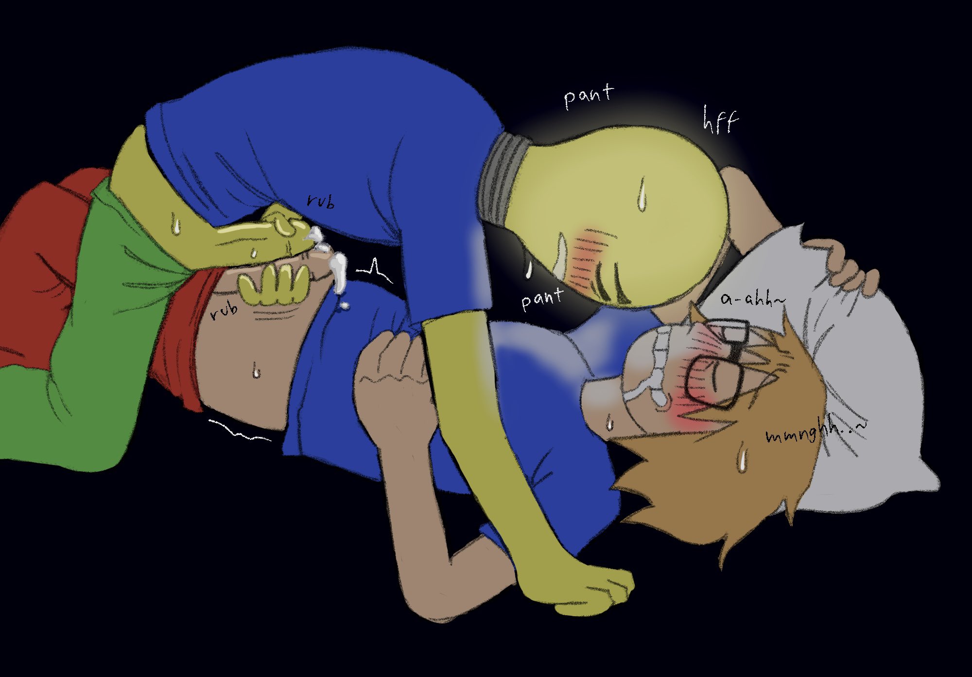 1boy, 1other, blonde hair, blue shirt, blush, blush lines, blushing, closed eyes, cum, cum drip, cum dripping, cum dripping from penis, dick, dick out, drool, drooling, eyes closed, fact attack adventures, facty (fact attack adventures), for a head, frottage, frotting, glasses, glowing, glowing head, grabbing, grabbing penis, green pants, head on pillow, holding object, holding pillow, laying down, laying on back, lightbulb (fact attack adventures, lying, lying on back, nonbinary, nonbinary (lore), object head, pants around thighs, pants down, pants pull, pants pulled down, penis, penis out, pillow, pillow grab, precum, precum drip, red pants, semen, sweat, sweatdrop, sweating, tagme