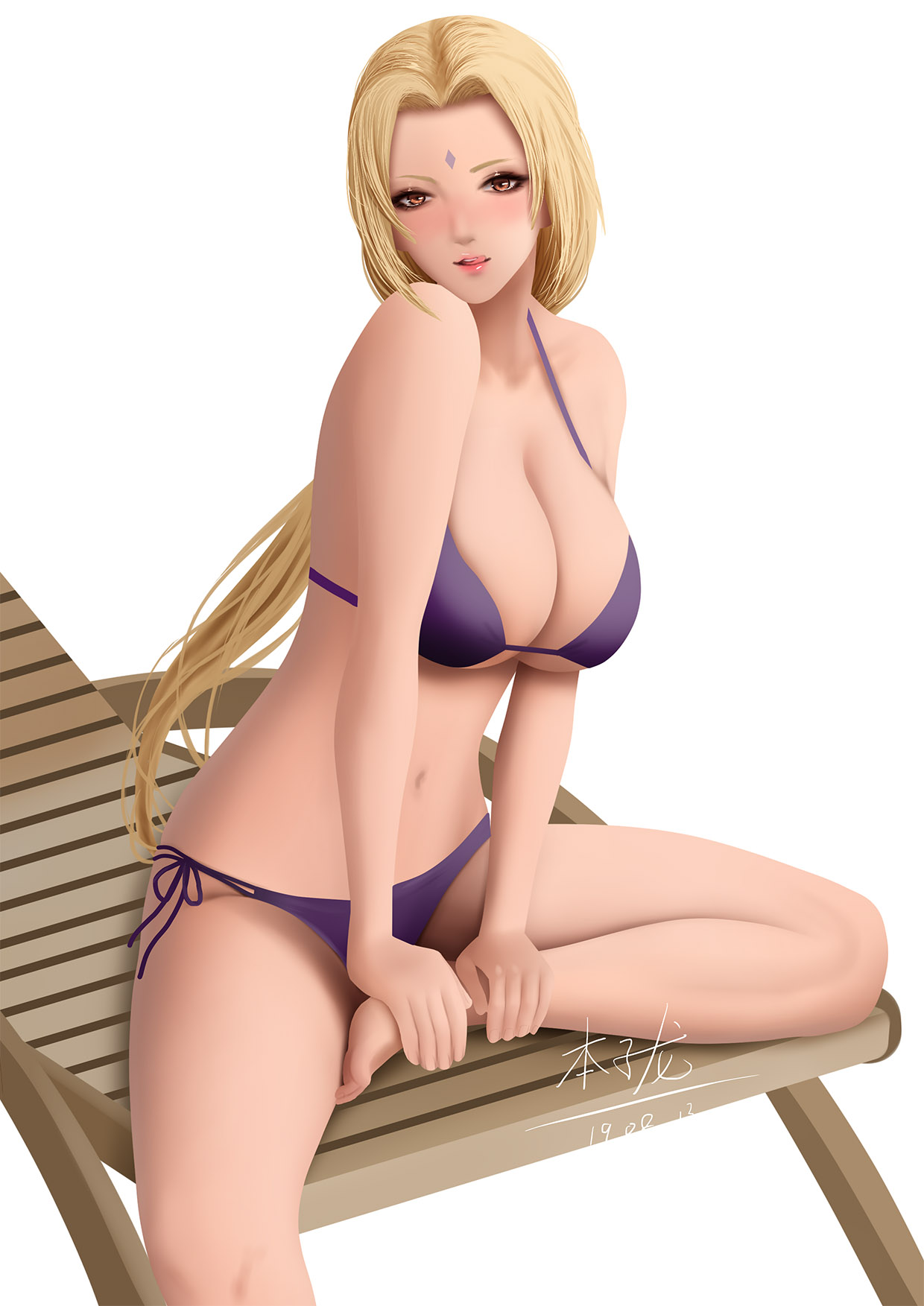 1girls, bangs, bare shoulders, big breasts, bikini, blonde hair, breasts, brown eyes, chair, cleavage, facial mark, feet, female, female only, forehead mark, large breasts, long hair, looking at viewer, mature, mature female, midriff, naruto, naruto (series), naruto shippuden, ponytail, side-tie bikini, sitting, spread legs, swimsuit, tied hair, toes, tsunade