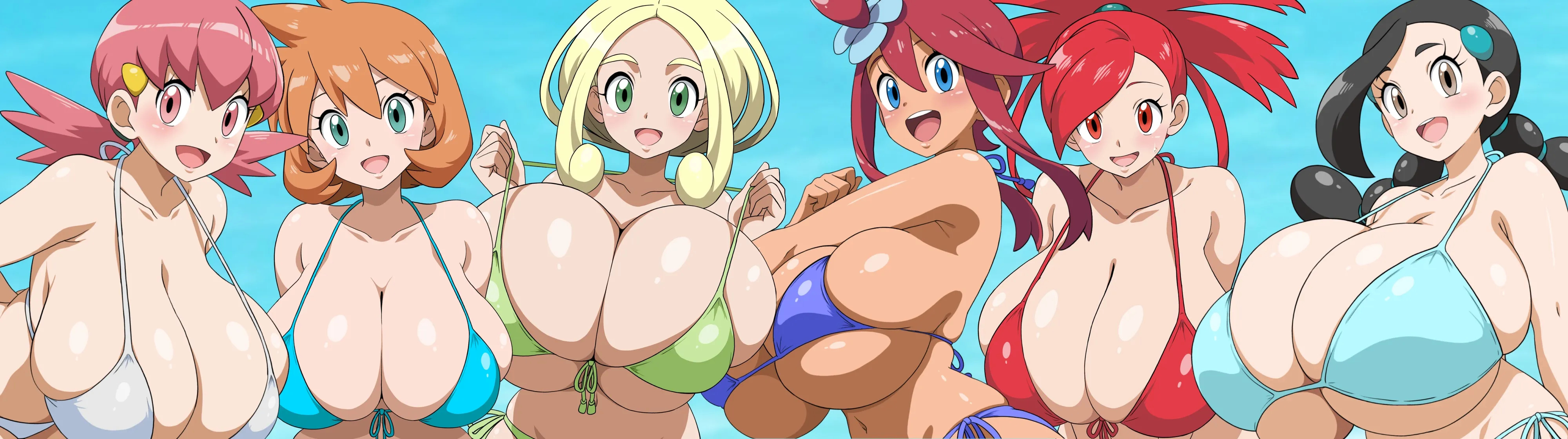 6+girls, bikini, black hair, blonde hair, blue bikini, blue eyes, breasts, brown eyes, bursting breasts, candice (pokemon), cleavage, dark skin, dark-skinned female, flannery (pokemon), front-tie top, gigantic breasts, green bikini, green eyes, gym leader, hair ornament, hairclip, highres, huge breasts, human, kasumi (pokemon), landscape, large breasts, leaning forward, long hair, looking at viewer, misty (pokemon hgss), misty (pokemon), multiple girls, nintendo, open mouth, orange hair, pink eyes, pink hair, pokemon, red bikini, red eyes, red hair, short hair, side-tie bikini bottom, side-tie clothing, side-tie swimsuit, skindentation, skyla (pokemon), smile, strap gap, swimsuit, twintails, viola (pokemon), white bikini, whitney (pokemon), zeronuruudon