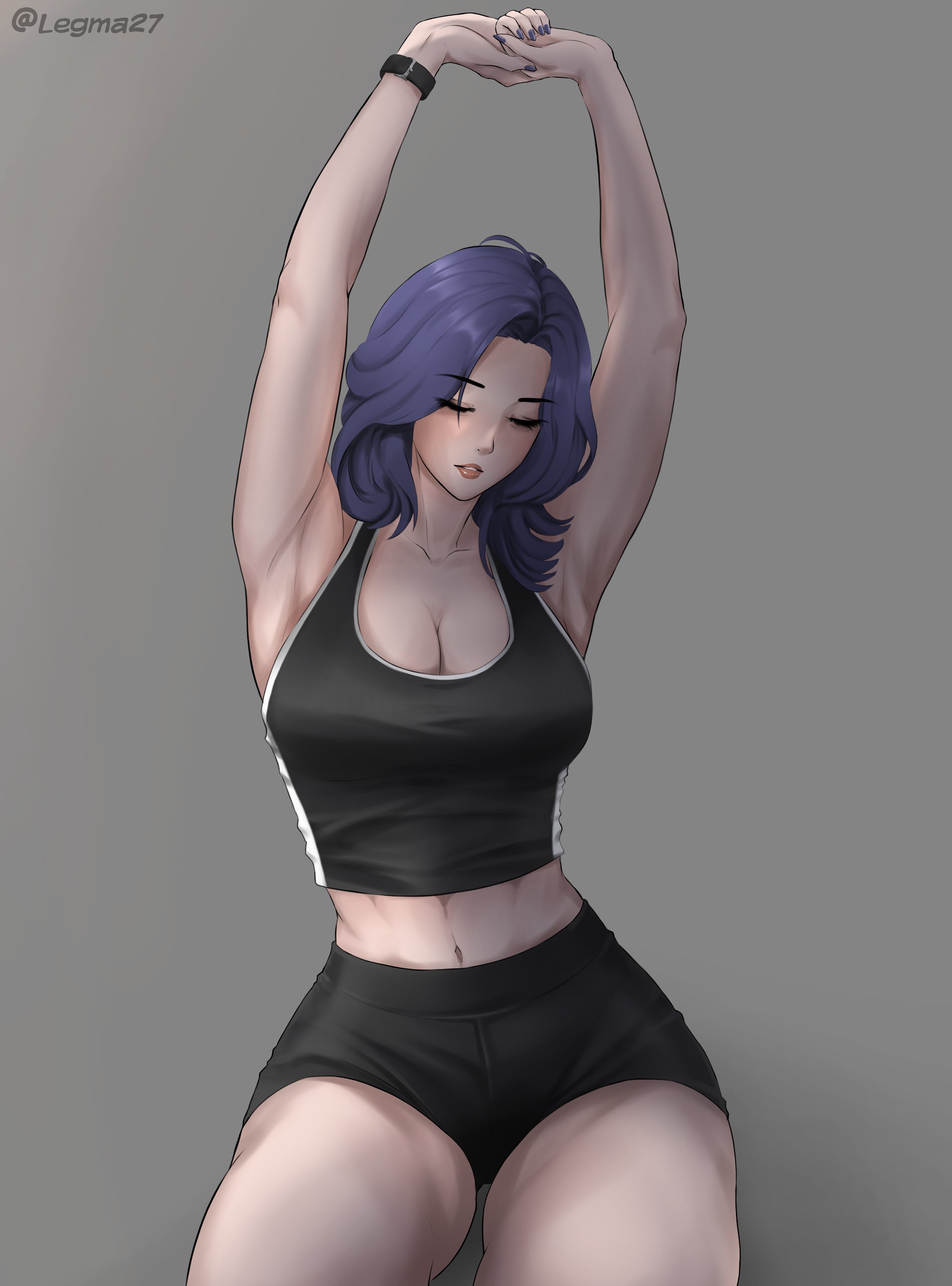abs, armpit, armpit crease, armpit fetish, armpit peek, armpits, arms up, belly, belly button, blizzard entertainment, cleavage, closed eyes, d.mon, earrings, legma27, lipstick, midriff, midriff baring shirt, navel, overwatch, painted nails, pale skin, purple hair, purple nails, shorts, sideboob, sports bra, sports shorts, sports uniform, sportswear, stomach, thick thighs, thighs, toned, toned female, toned stomach, tummy, yuna lee