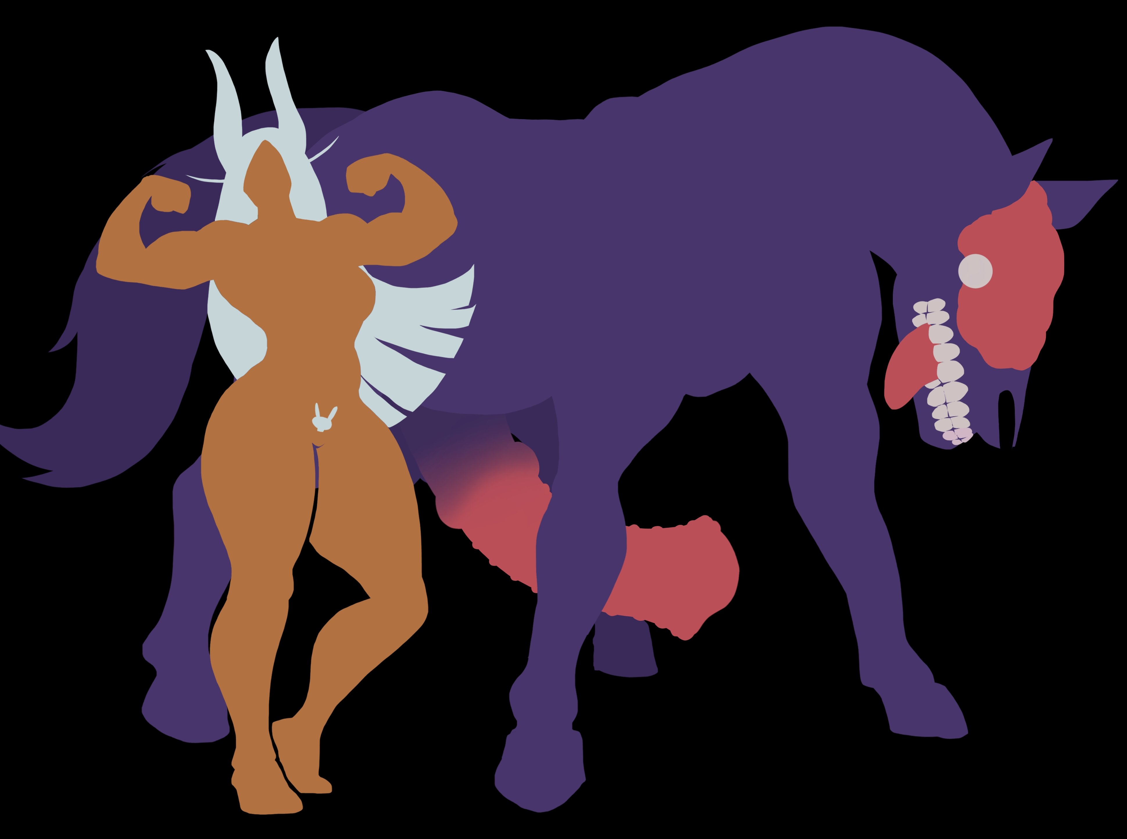 1girls, 1horse, animal ears, artist request, bestiality, black background, bunny ears, clenched teeth, dark-skinned female, gigantic penis, horse, horsecock, huge cock, imminent bestiality, long hair, minimalist, miruko, muscular, muscular female, my hero academia, nomu, nude, pose, posing, pubic hair, rabbit ears, rumi usagiyama, shaped pubic hair, silhouette, teeth, thick thighs, thighs, tongue, tongue out, white hair, zoophilia