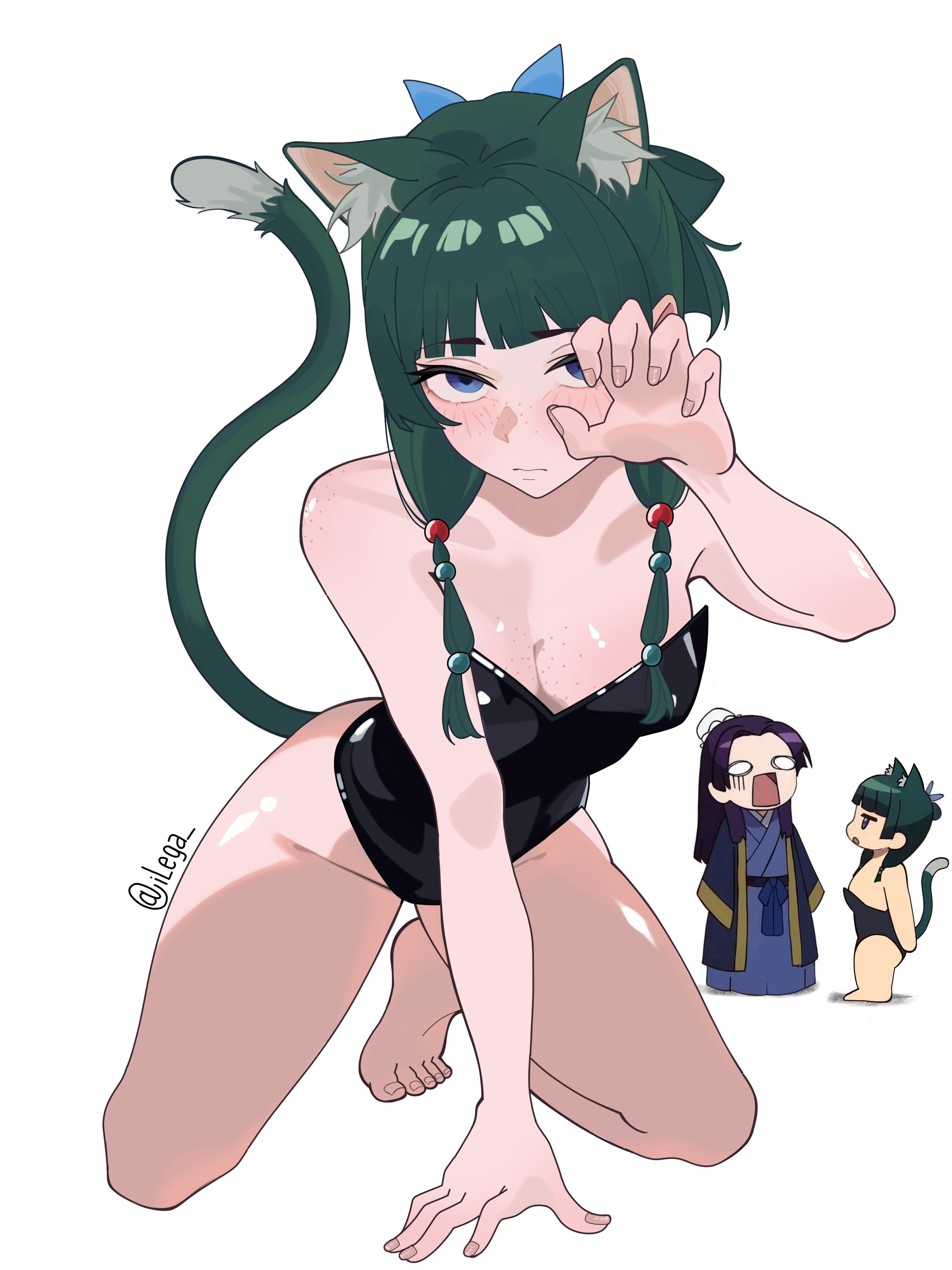 animal ears, animal tail, blue eyes, cat ears, cat girl, cat tail, clothing, curvaceous, curvaceous female, curvaceous figure, curvy, curvy figure, curvy hips, female, female focus, female only, green hair, ilega, kusuriya no hitorigoto, leotard, maomao (kusuriya no hitorigoto), pale skin, pale-skinned female, short hair