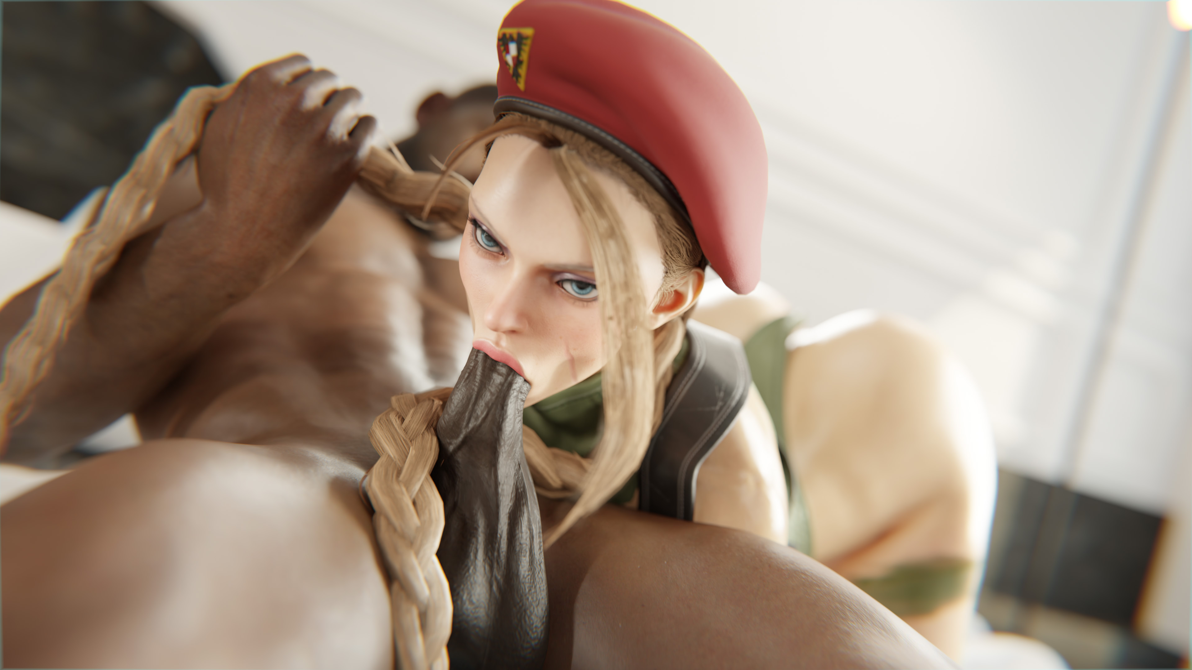 1boy, 1girls, 3d, ass, blonde hair, blue eyes, cammy white, dark-skinned male, fellatio, hair grab, interracial, light-skinned female, long hair, stephanie23, street fighter, testicles