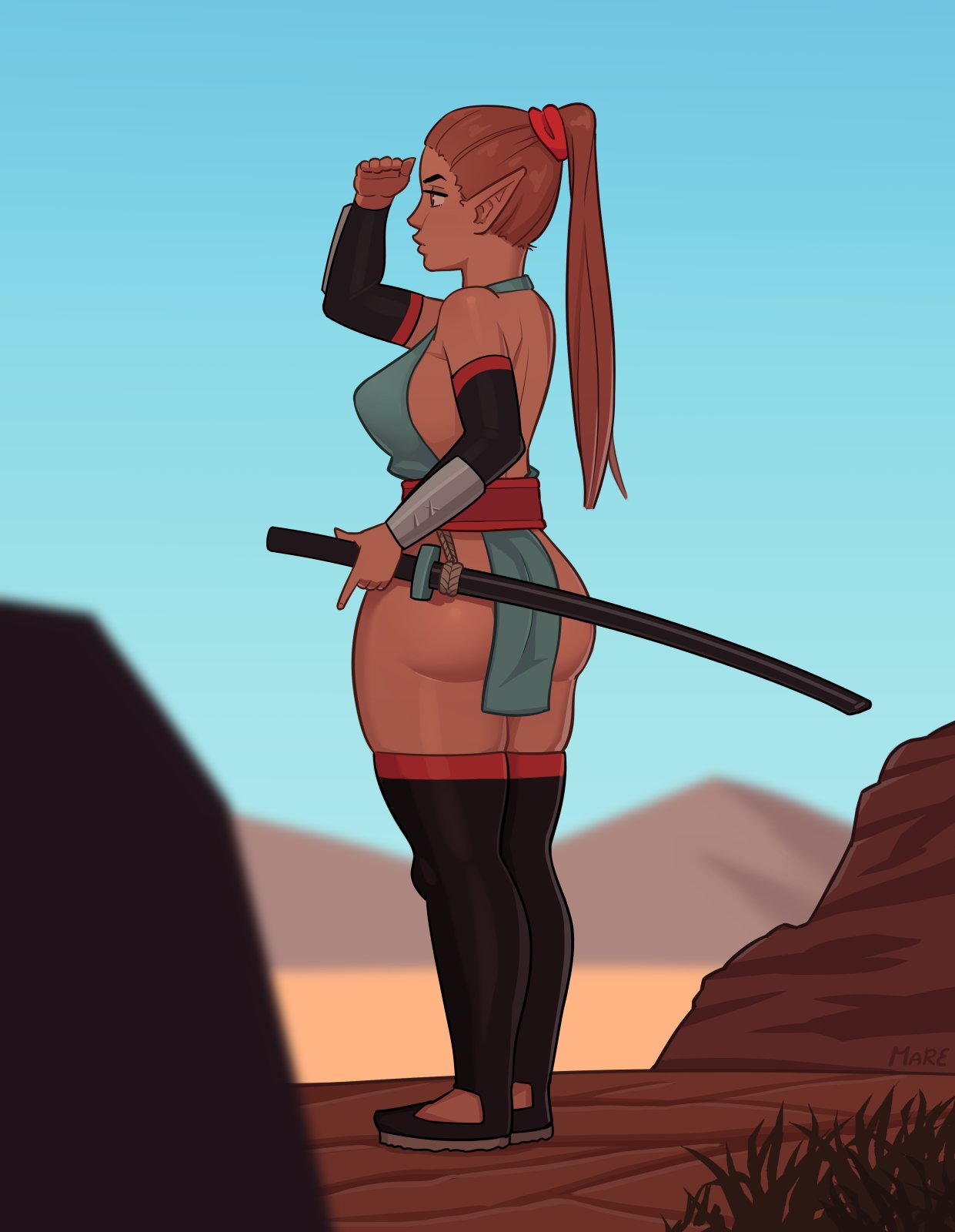 1girls, ass, bare thighs, bottomless loincloth, breasts, elf, female, female only, huge ass, large breasts, loincloth, mare ten, pointy ears, solo, thick thighs, thighhighs, wide hips