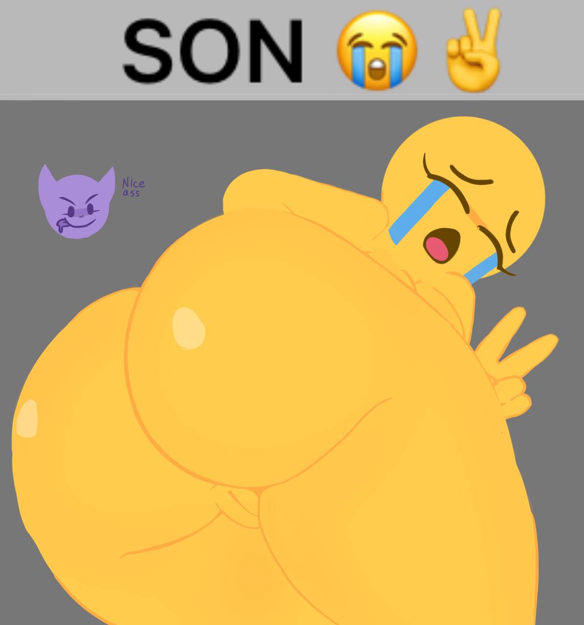 1girls, ass, ass focus, caption, completely nude, completely nude female, crying, crying emoji, emoji, emoji (race), evil smile, female, looking at viewer, meme, naked, naked female, nude, nude female, peace sign, pussy, spoted (artist), tagme, thighs