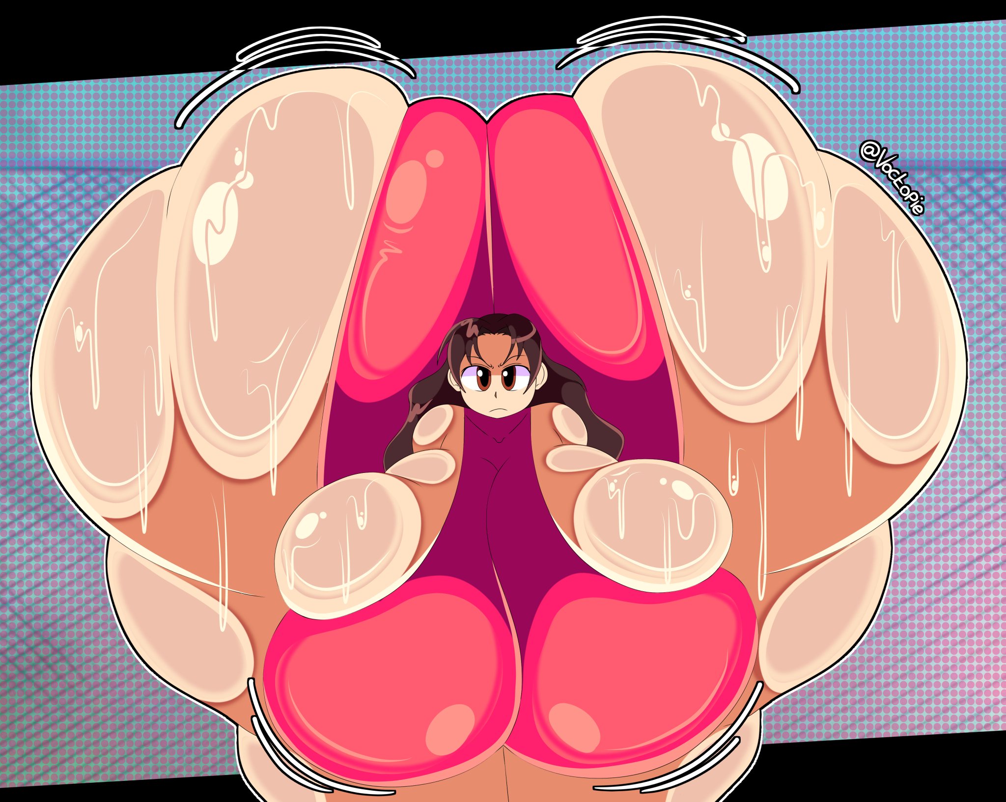 ass, ass body, azumanga daiou, big ass, big breasts, breasts, brown eyes, brown hair, front facing with ass, gigantic ass, huge ass, huge breasts, hyper, hyper ass, hyper breasts, looking at viewer, massive ass, massive breasts, meme, meme reference, pillow shading, please look forward to it, red clothing, sweat, sweaty, sweaty ass, swimsuit, thick thighs, thunder thighs, voctopie, yukari tanizaki