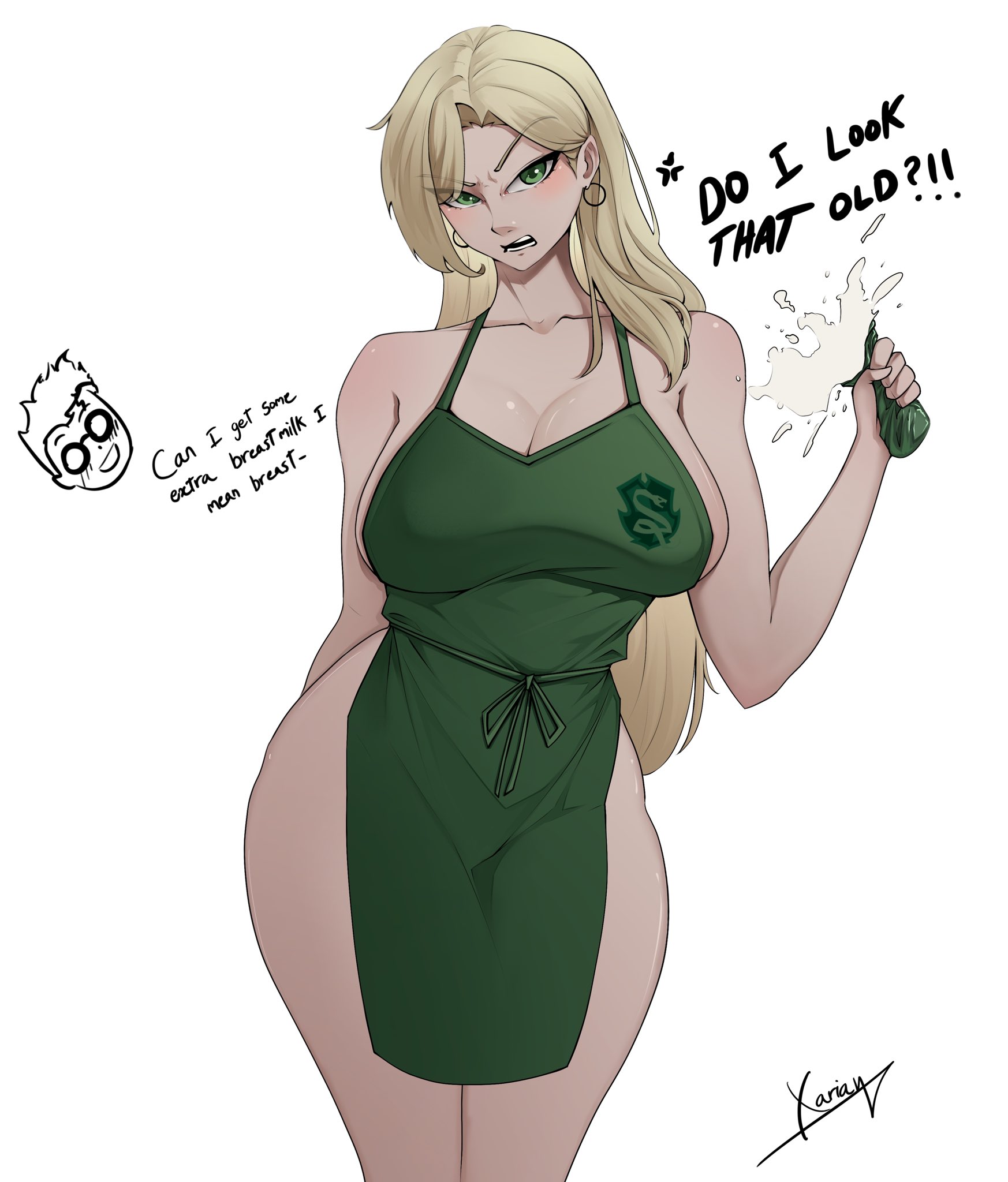 1girls, apron, apron only, breasts, draco malfoy, draco malfoy (redteneri), female, female focus, female only, genderswap, harry potter, large breasts, light skin, light-skinned female, looking at viewer, rule 63, solo, thick thighs, thighs, wide hips, xarianart