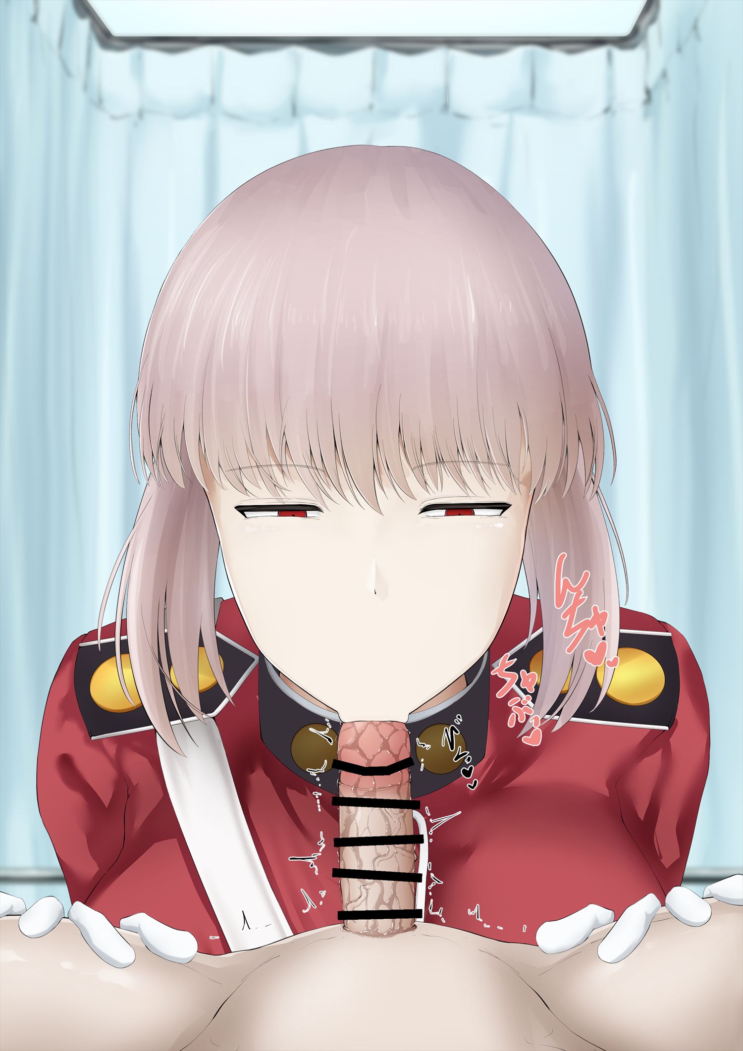 1boy, 1girls, black text, blowjob face, blue background, censored penis, clothed female nude male, curtains, disembodied penis, fate (series), fate/grand order, fellatio, female, florence nightingale (fate), gloves, heart, japanese text, legs apart, legs spread, looking at viewer, male, offscreen character, offscreen male, oral, penis, penis in mouth, pink hair, pink text, pov, pov blowjob, red eyes, red shirt, saliva, saliva on penis, short hair, sirosoil, small penis, small penis adoration, tied hair, white gloves