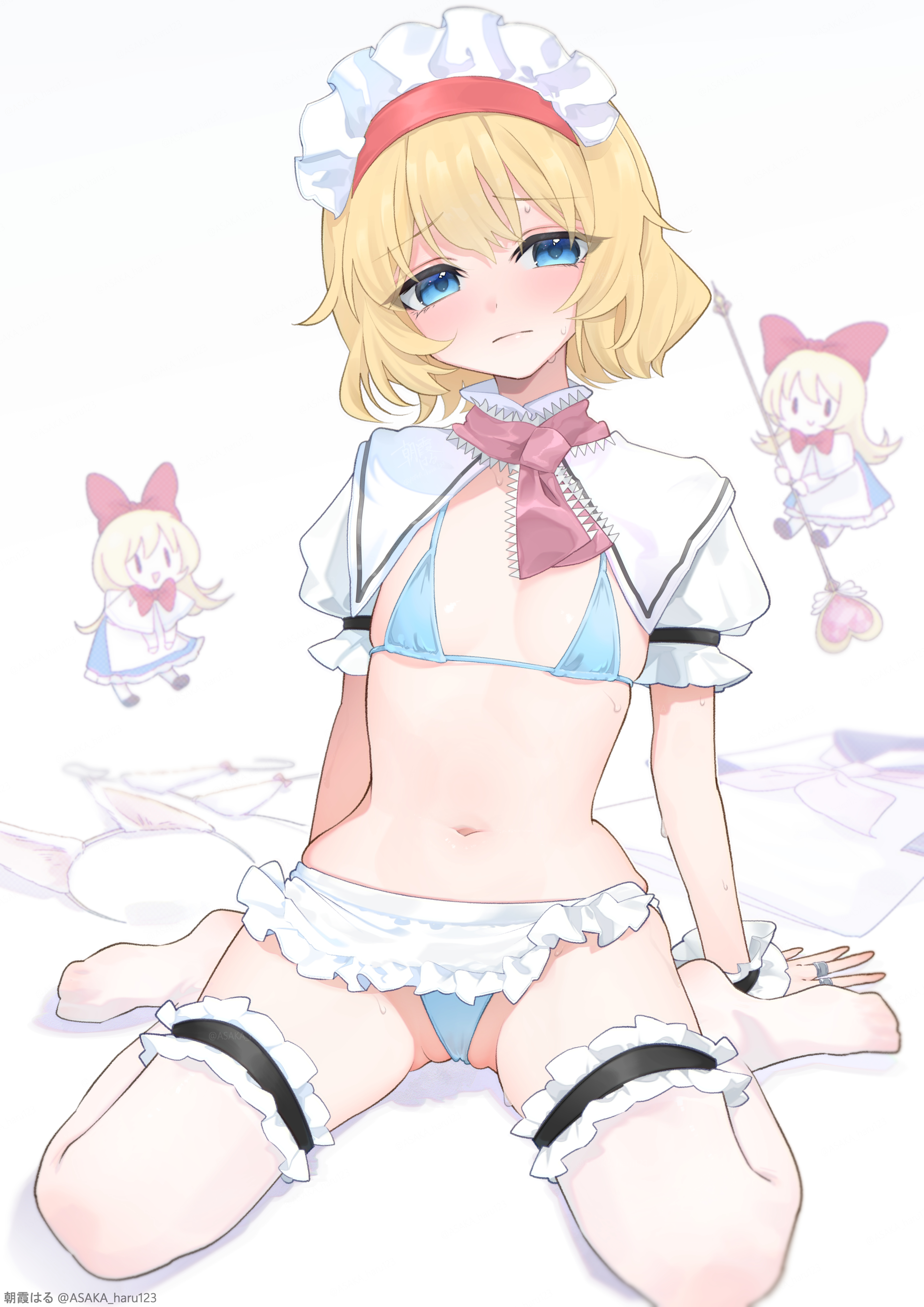 1girl, 1girls, alice margatroid, animal ears, apron, artist name, asaka haru123, barely visible pussy, belly, belly button, bikini, blonde hair, blue bikini, blue bra, blue eyes, blue panties, bow, bow bikini, bow bra, bra, breasts, cape only, capelet, cat ear hairband, cat ears, cat ears hairband, doll, dolls, embarrassed, embarrassed expression, fake animal ears, flat chest, frilled apron, frilled hairband, frilled headband, frilled headwear, frilled ribbon, frilled thigh strap, frilled wrist cuffs, frills, hair bow, hair ribbon, hairband, headband, headdress, headwear, high collar, hourai doll, maid, maid headdress, micro bikini, navel, neck ribbon, neckerchief, neckwear, nervous, panties, puffy short sleeves, puffy sleeves, pussy, ribbon, sailor collar, sailor uniform, school uniform, schoolgirl uniform, scrunchie, shanghai doll, shirt, short hair, shrug (clothing), shy, sitting, skindentation, small breasts, smile, smiley face, smiling, solo, solo female, solo focus, stomach, sweat, sweatdrop, sweating, sweaty, sweaty body, swimsuit, swimwear, thick thighs, thigh scrunchie, thigh strap, thighhighs, thighs, thong, thong bikini, thong panties, touhou, turtleneck, twitter artist, twitter username, unconventional maid, unworn clothes, unworn hairband, unworn headwear, vagina, vaginal, waist apron, wand, wariza, watermark, white bikini, white bra, white shirt, white thighhighs, wide hips, wide thighs, wrist cuffs, wrist scrunchie