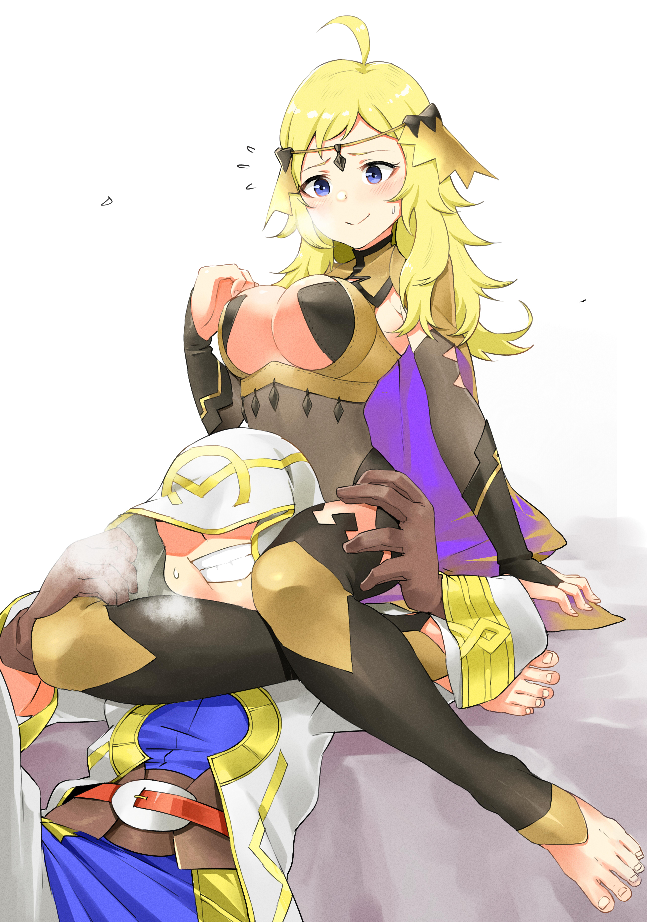 1boy, 1girls, absurdres, ahoge, bangs, barefoot, blonde hair, blue eyes, blush, breasts, bridal gauntlets, cape, circlet, commission, feet, female, fire emblem, fire emblem fates, fire emblem heroes, full body, hair ornament, head between thighs, headscissor, highres, igni tion, jewelry, kiran (fire emblem), kiran (fire emblem) (male), large breasts, male, nintendo, ophelia (fire emblem), scissorhold, smile, thighhighs, toeless legwear, turtleneck