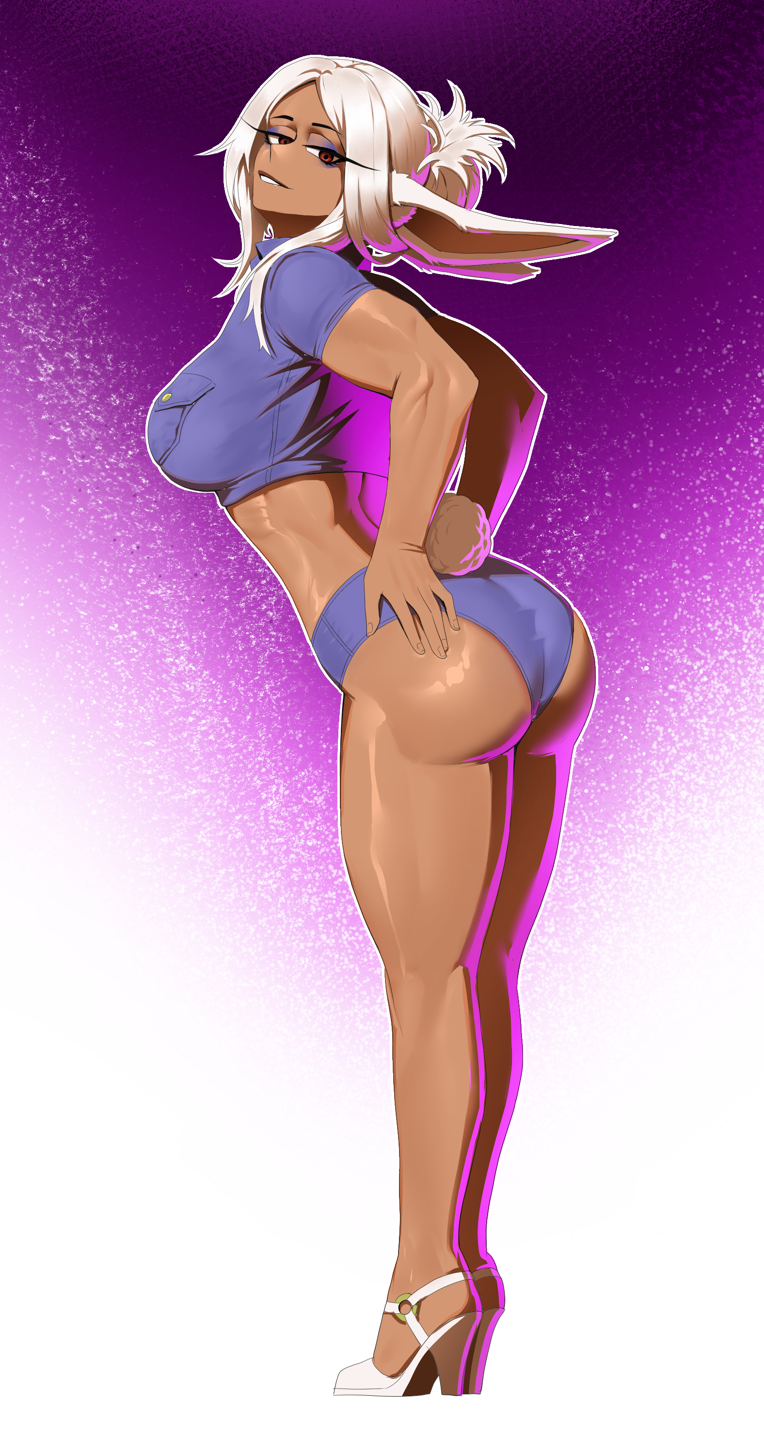 1girls, 2025, 2d, alternate costume, alternate hairstyle, ass, big ass, big ass (female), bunny ears, bunny tail, clothed, clothed female, dark skin, dark-skinned female, female, grabbing own ass, hi res, high heels, makeup, mirko, miru5, my hero academia, pinup, pinup pose, posing, rumi usagiyama, side view, simple background, solo, superheroine, tight clothing, toned, toned female, white hair, white-haired female