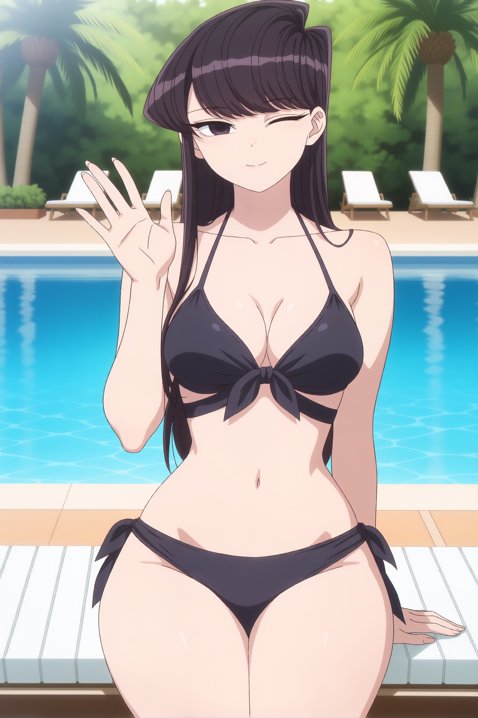 1girls, ai generated, bangs, bikini, black bikini, black eyes, black hair, breasts, cleavage, collarbone, cowboy shot, front-tie top, hi res, high quality, high resolution, komi shouko, komi-san wa komyushou desu, lewdtopia, long hair, looking at viewer, medium breasts, navel, one eye closed, outdoors, palm tree, patreon, ponytail, pool, potted plant, seductive, sexy, side-tie bikini, smile, solo, swimsuit, table, tree, uncensored