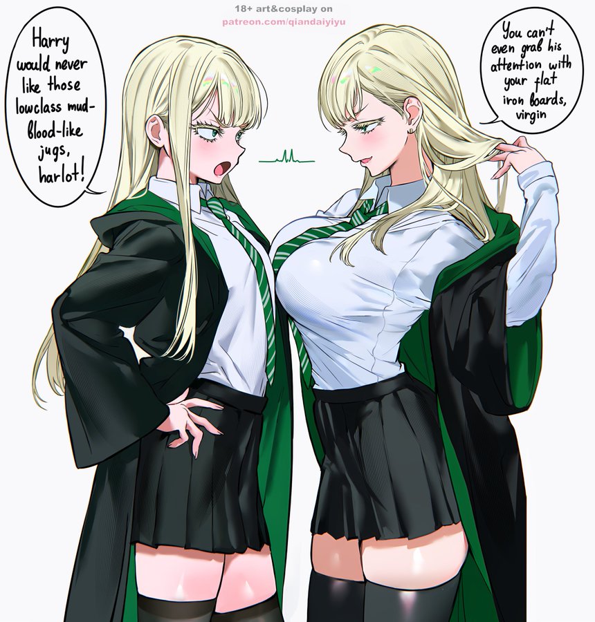 2girls, arguing, big breasts, blonde hair, blouse, clothed female clothed female, draco malfoy, draco malfoy (redteneri), flat chest, green eyes, green tie, harry potter, huge breasts, knee highs, light blonde hair, long hair, qiandaiyiyu, robe, rule 63, selfcest, skirt, slytherin, small breasts, thighhighs, tie