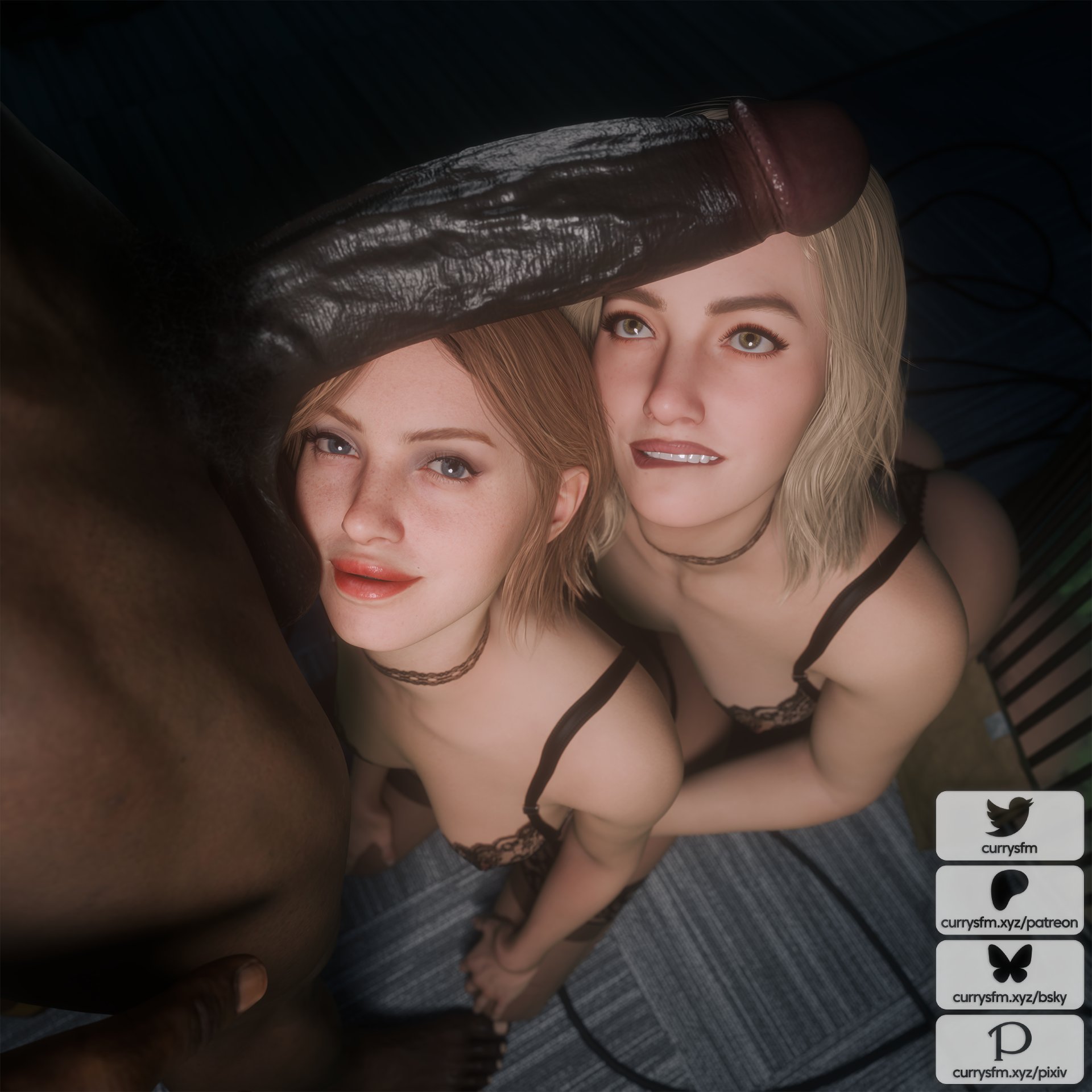 007, 007 first light, 1boy, 1boy2girls, 2girls, ass, biting lip, blonde hair, blue eyes, choker, cressida bright, currysfm, dark-skinned male, erection, horny female, huge cock, imminent fellatio, imminent oral, interracial, james bond (series), kneeling, lingerie, looking at penis, looking at viewer, oral, tagme, thong, unnamed character, waiting for sex
