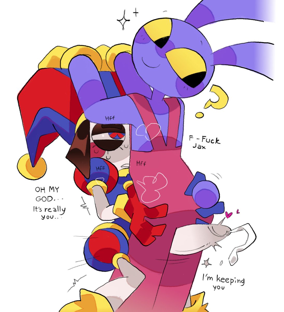 1boy, 1futa, anthro, bunny, clothed, dialogue, duo, futa on male, futanari, gloves, grabbing ass, imminent sex, jax (tadc), jax (the amazing digital circus), jester, looking back, overalls, penis between thighs, pomni, pomni (tadc), pomni (the amazing digital circus), purple fur, rabbit, real saming, tagme, the amazing digital circus, white background, white skin, yellow sclera