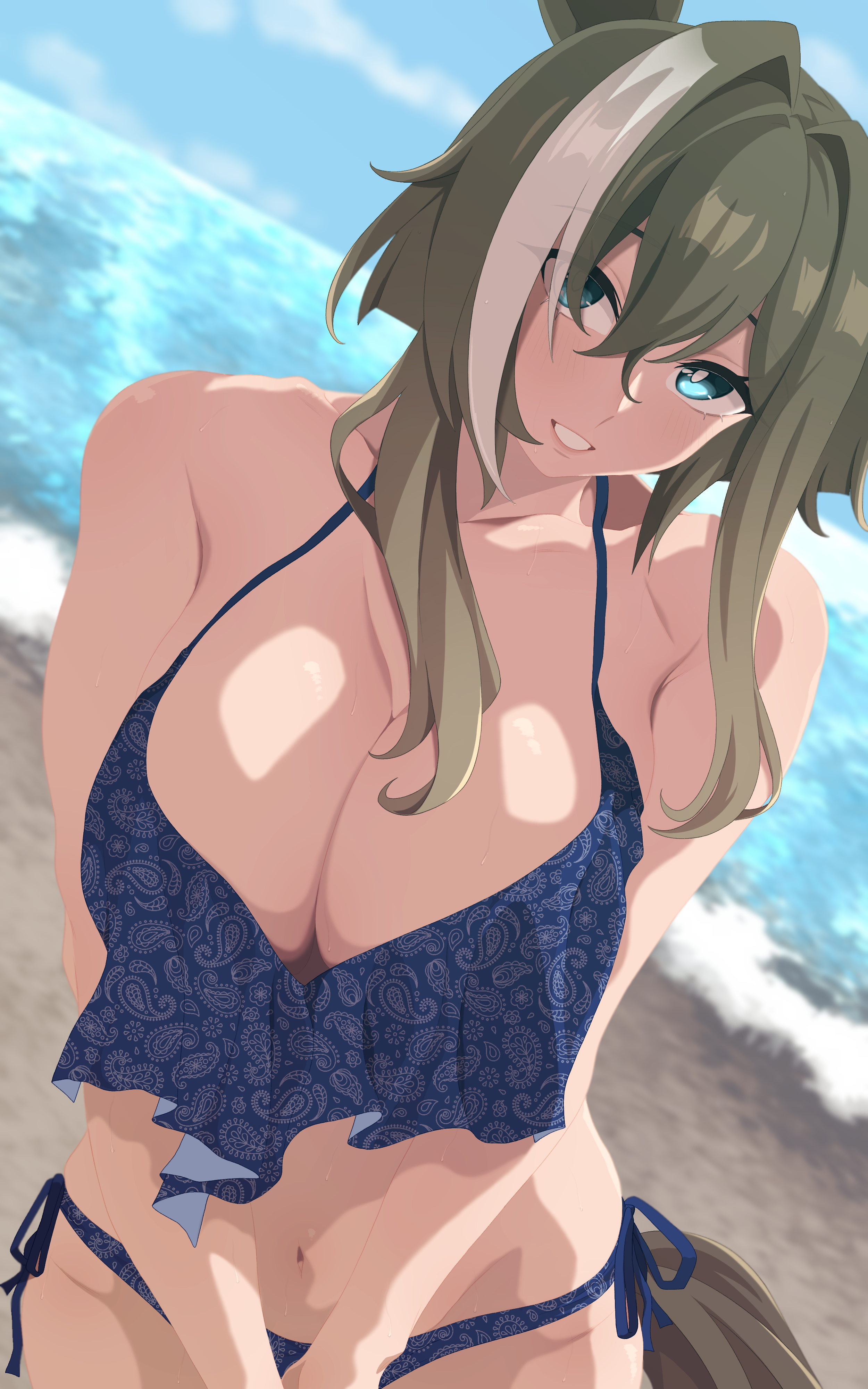1girl, absurdres, artist request, beach, blue bikini, blue eyes, brown hair, cheval grand (umamusume), cleavage, highres, horse ears, horse girl, horse tail, large breasts, multicolored hair, ocean, outdoors, short hair, short hair with long locks, sidelocks, solo, umamusume, umamusume pretty derby, white hair