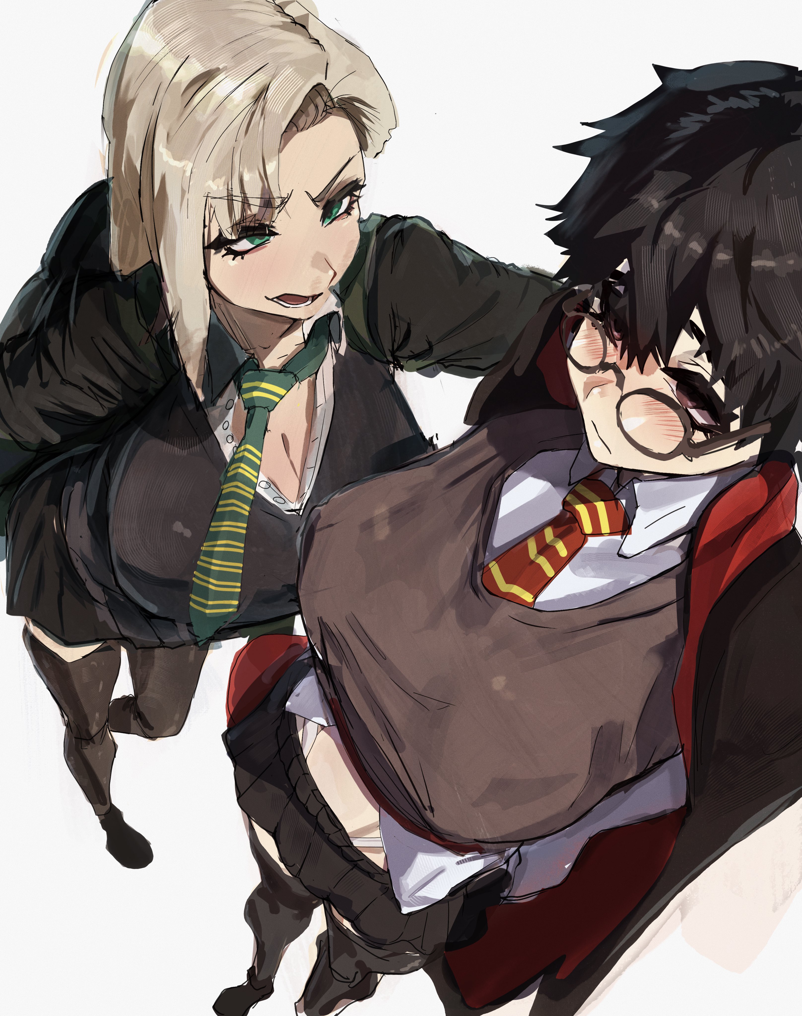 2girls, bigsatodontart, breasts, draco malfoy, draco malfoy (redteneri), female, female focus, genderswap, harry james potter, harry potter, large breasts, light skin, light-skinned female, looking at viewer, malfoid, rule 63, thick thighs, thighs, wide hips