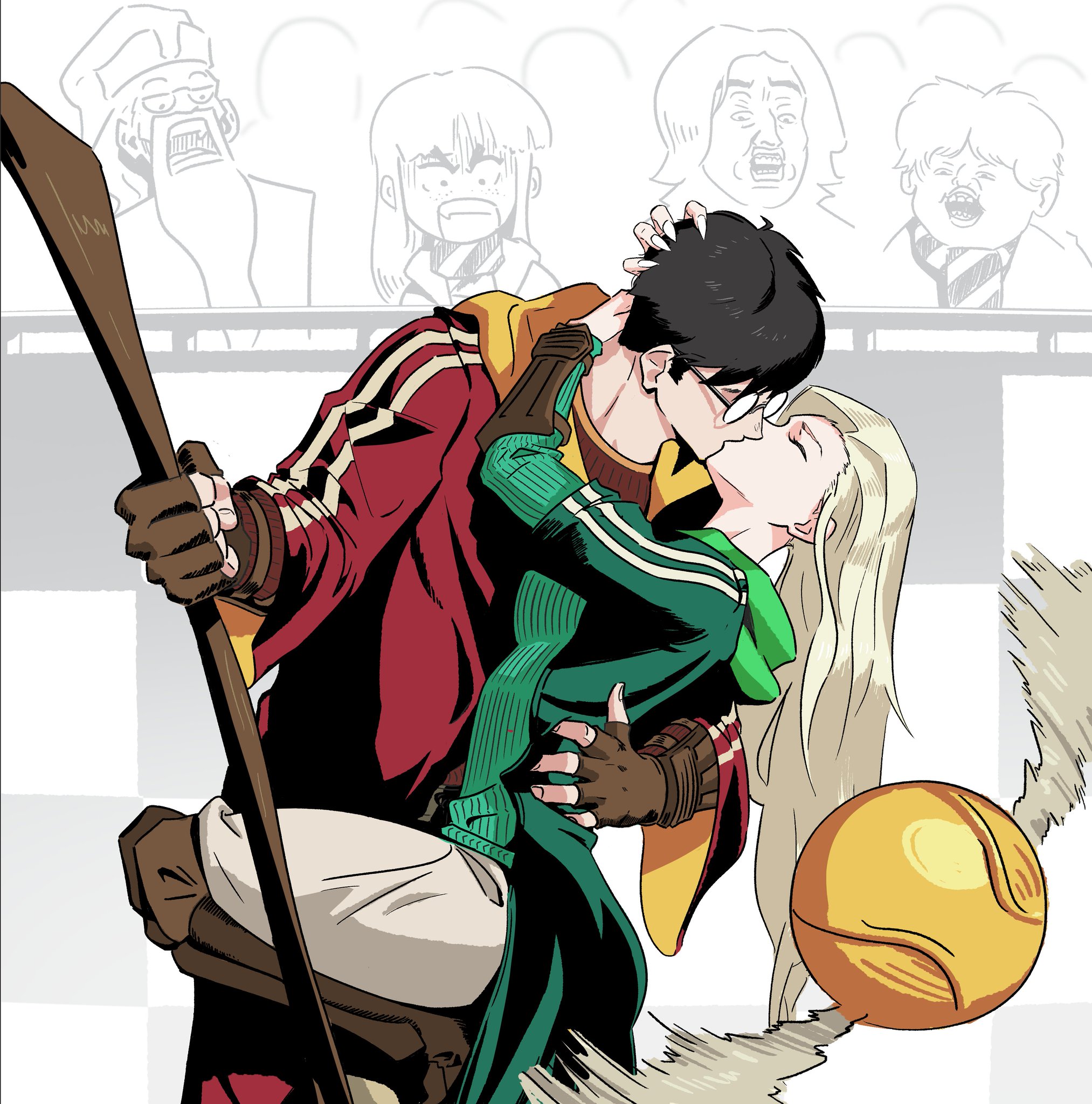1boy, 1boy1girl, 1girl, 2026, 2d, 2d (artwork), albus dumbledore, ball, black hair, blonde hair, breasts, color, couple, crowd, digital media (artwork), draco malfoy, draco malfoy (redteneri), female, genderswap, genderswap (mtf), glasses, harry james potter, harry potter, hermione granger, hi res, highres, intimate, kiss, kissing, leg up, lem00001, light skin, light-skinned female, male, nail polish, others, passionate, public, public affection, quidditch, quidditch uniform, ron weasley, rule 63, severus snape, sfw, shocked expression, thighs, white nails