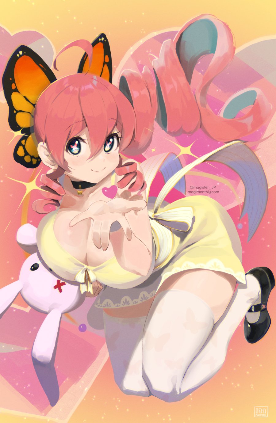 big breasts, breasts, butterfly hair ornament, curled hair, dress, female, hair ornament, huge breasts, looking at viewer, magister (bigbakunyuu), original, pink hair, reaching towards viewer, sakuraba himari, stuffed animal, thick thighs, thighhighs, unusual anatomy, unusual eyes, unusual pupils