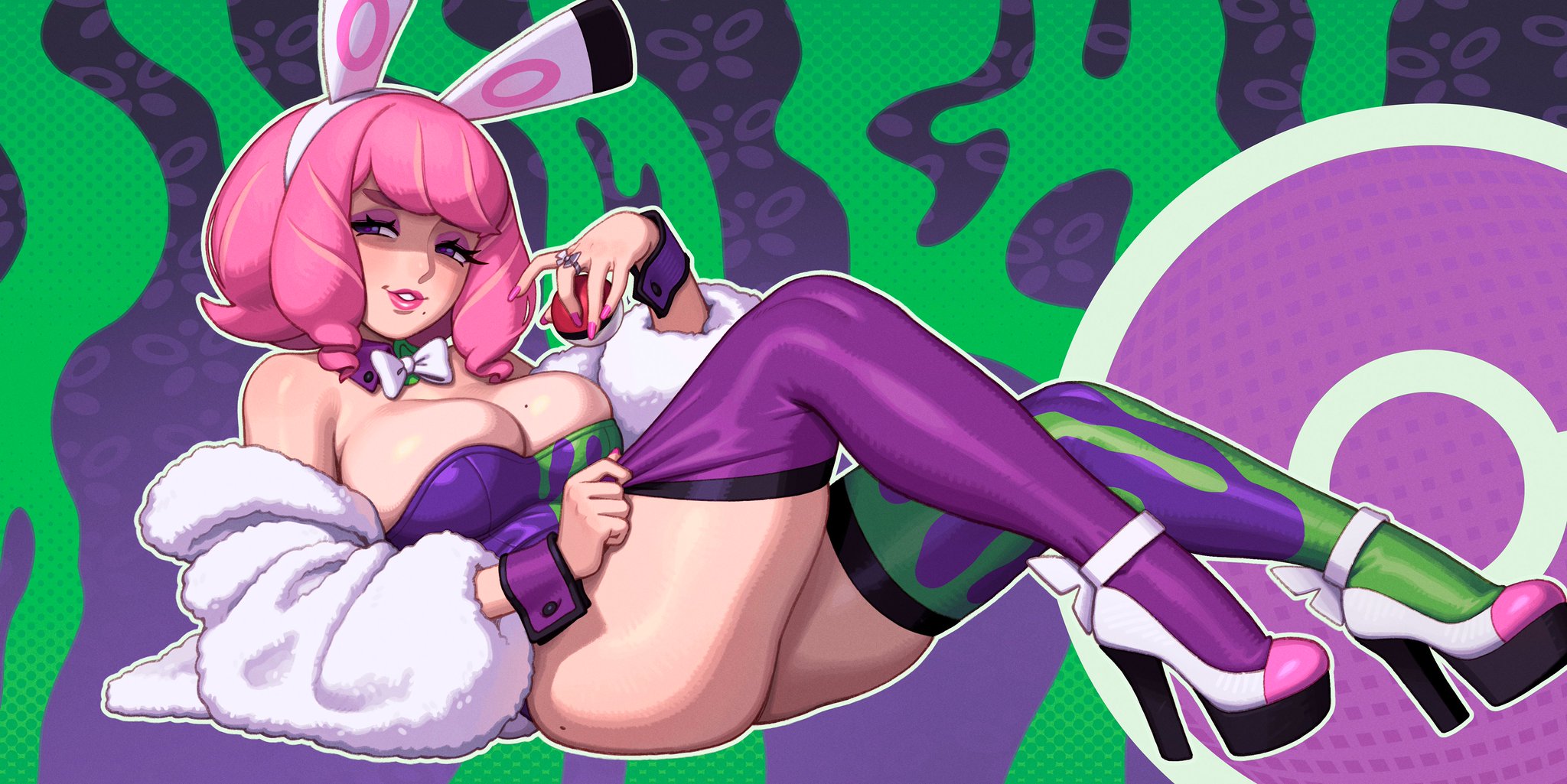 1girls, 2026, adapted costume, ass, bow, bowtie, bowtie collar, breasts, bunny ears, bunnysuit, busty, busty female, coat, collar, colored, cuff links, curvy, curvy figure, fake animal ears, female, female only, fur coat, game freak, grin, headband, heels, high heels, huge breasts, klara (pokemon), large ass, leggings, leotard, lipstick, lying, lying on side, mole, mole on ass, mole on breast, mole under mouth, nintendo, painted nails, pink hair, pink lipstick, pink nails, pokeball, pokemon, pokemon ss, pokemon ss isle of armor, pulling clothing, purple eyes, revealing clothes, ring, ring on finger, rizdraws, seductive, seductive look, seductive smile, smile, smiling, tagme, thick thighs, thighs