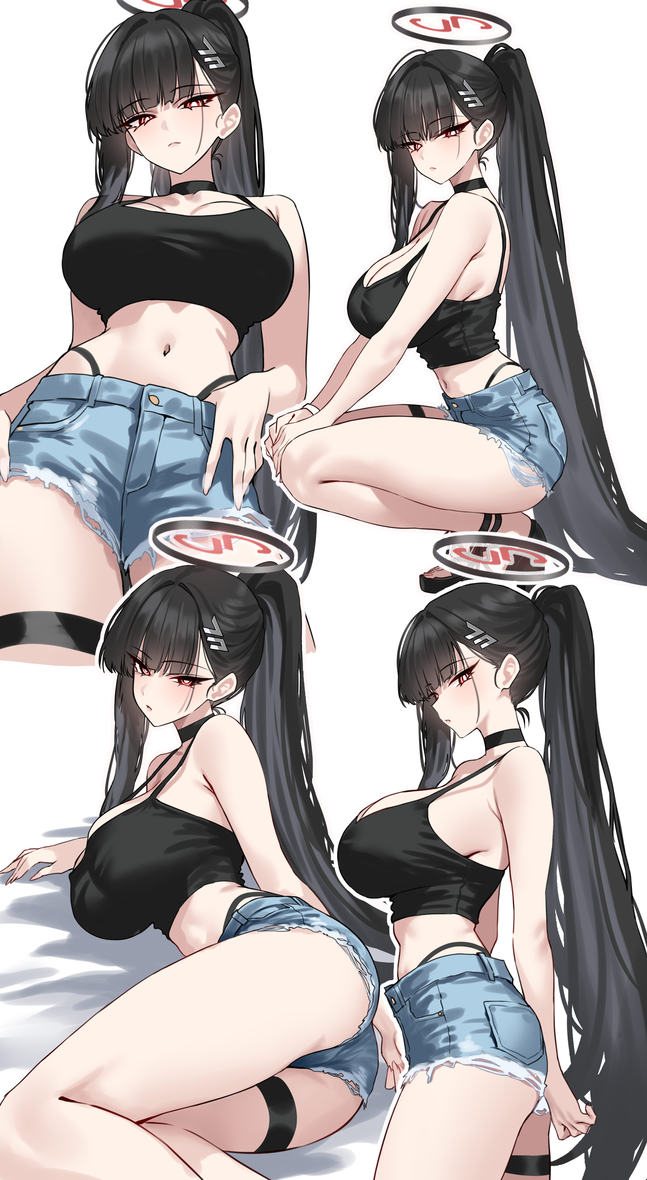 black hair, black vest, blue archive, blunt bangs, breasts, casual, high ponytail, red eyes, rio (blue archive), shigure s, squatting
