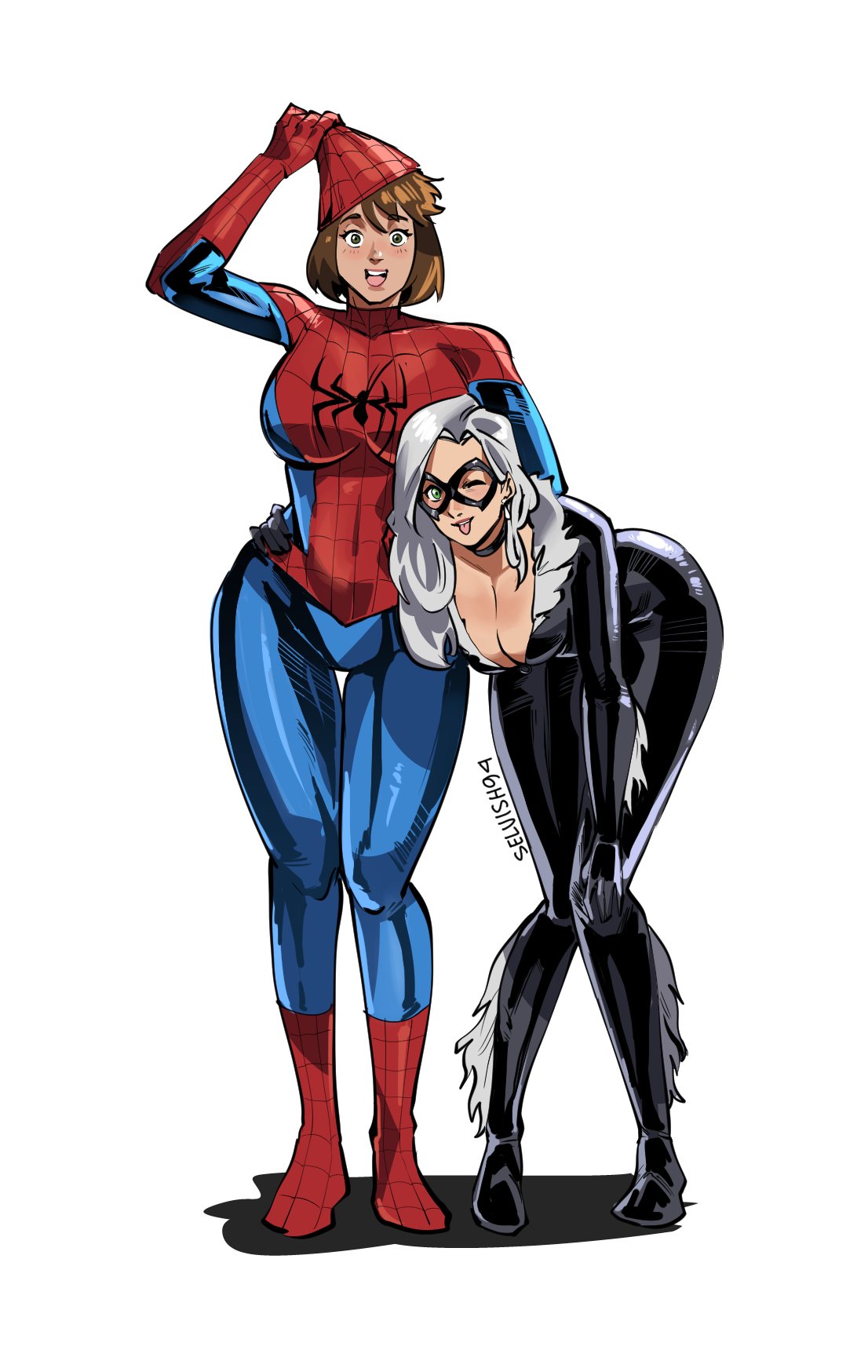 2026, 2girls, big breasts, black cat (marvel), bodysuit, breasts, brown hair, bursting breasts, choker, cleavage, collar, curvaceous, curvaceous body, curvaceous female, curvaceous figure, curvaceous hips, curvy, curvy body, curvy female, curvy figure, curvy hips, domino mask, duo, eyemask, felicia hardy, female, genderswap, genderswap (mtf), green eyes, hips, hourglass figure, huge breasts, large breasts, light skin, light-skinned female, long hair, looking at viewer, marvel, marvel comics, mask, masked, masked female, massive breasts, peter parker, petra parker, rule 63, seductive, seductive look, seductive pose, selvish94, short hair, skin tight, spider-man, spider-man (series), spider-woman, superheroine, thick, thick breasts, thick hips, thick thighs, tight clothes, tight clothing, tongue, tongue out, voluptuous, voluptuous female, white background, white hair, wide hips