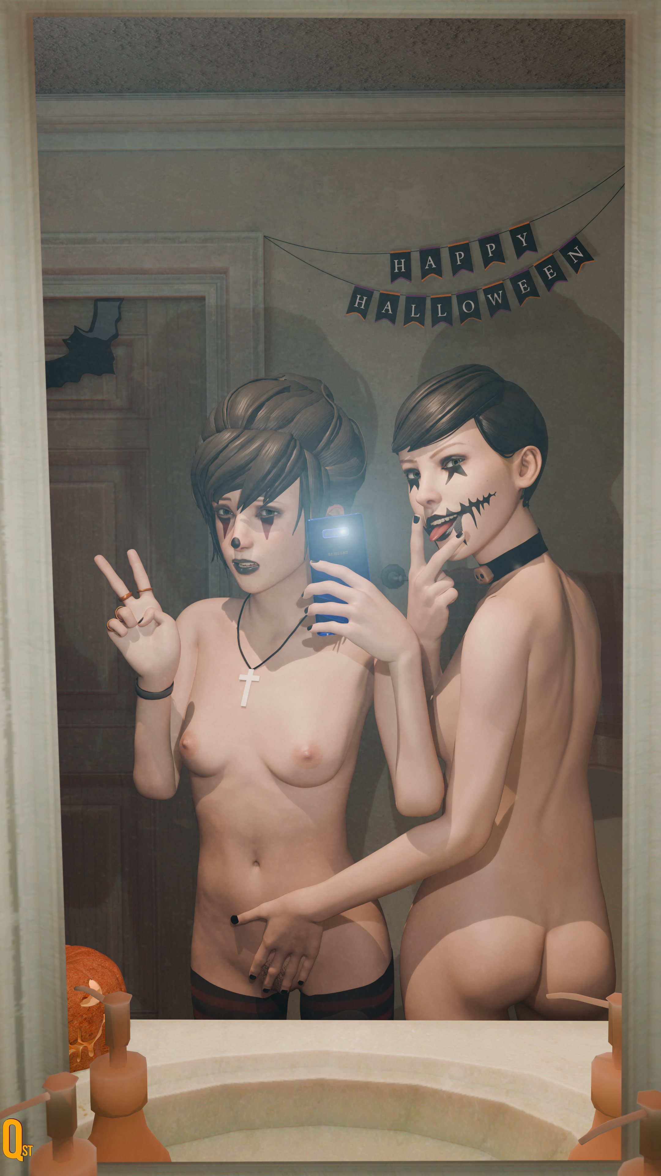 2girls, 3d, ass, bathroom, black hair, black lipstick, black-haired female, blender, breasts, cellphone, choker, crucifix, female, female only, goth, green eyes, green-eyed female, halloween, halloween pumpkin, holding object, holding phone, human, human only, kate marsh, life is strange, light skin, light-skinned female, makeup, max caulfield, mirror, mirror selfie, multiple girls, nail polish, nipples, nude, nude female, open mouth, peace sign, phone, pose, posing, posing for picture, pubic hair, pussy, qstt, selfie, short hair, short-haired female, small breasts, smartphone, standing, tagme, tongue, tongue out, victoria chase, young, young female