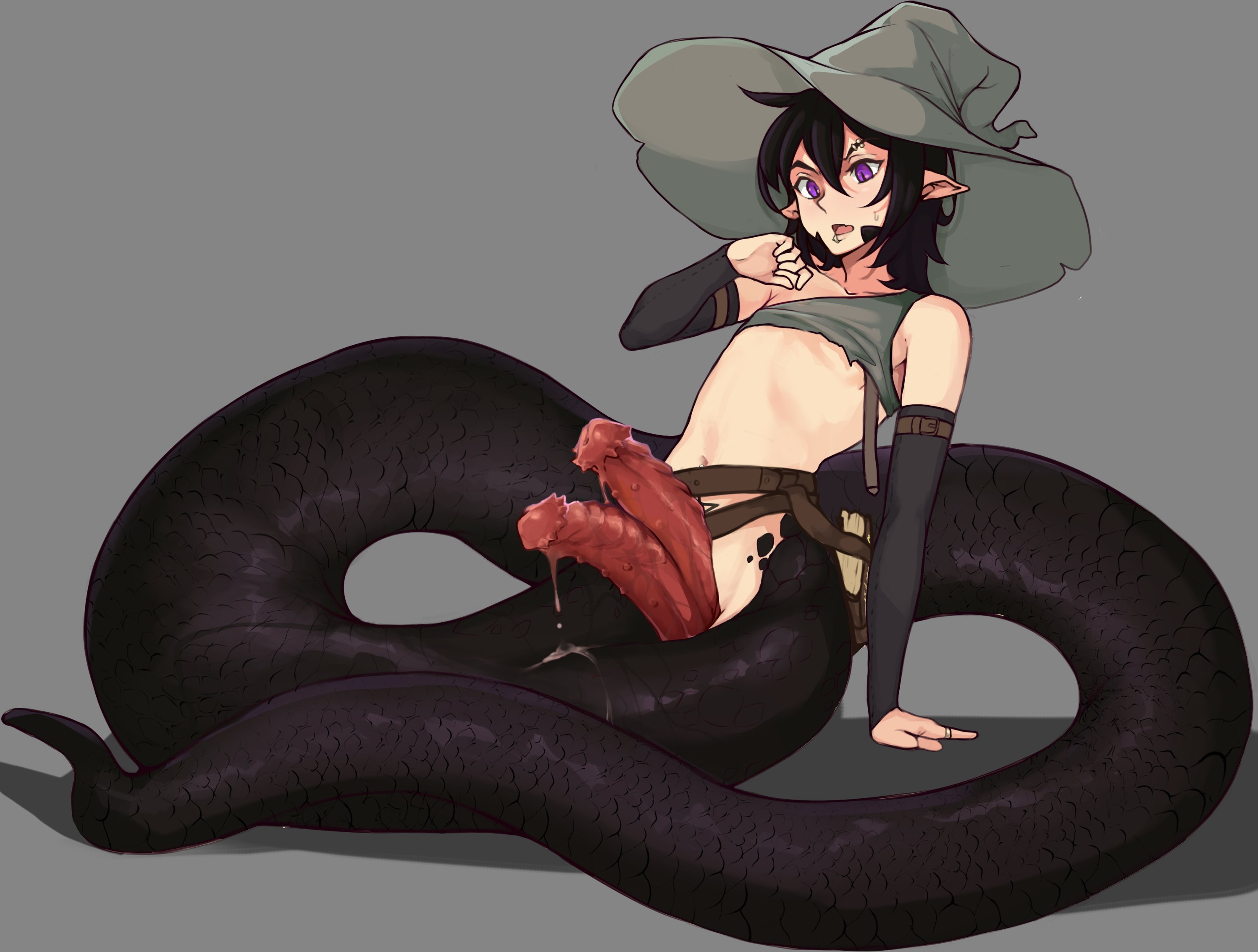 1boy, after transformation, belt, big penis, black hair, bodily fluids, book, diphallia, diphallism, ear piercing, ellias weird (worstwarlock), erection, eyebrow piercing, femboy, full body, girly, lamia, light skin, light-skinned femboy, lip piercing, male, male only, male witch, monster boy, multi genitalia, multi penis, naga, original, pale skin, penis, pentagram, pointy ears, post-transformation, precum, purple eyes, scales, simple background, sleeves, slit pupils, snake, solo, tattoo, todding, transformation, trap, witch hat