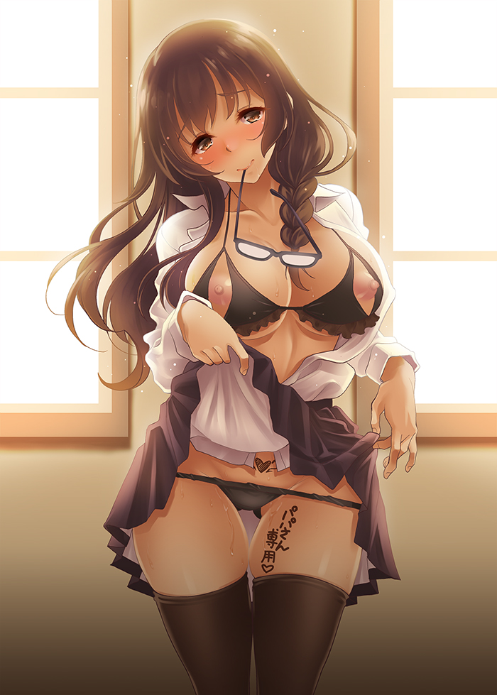 big breasts, blush, breasts, brown hair, female, glasses, kusui aruta, lingerie, pussy, pussy juice, teacher, thighhighs