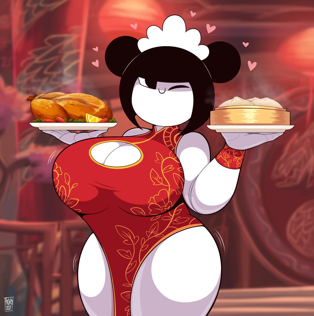 1girls androjuniarto breasts china_dress chinese_clothes cleavage female female_only hair_bun huge_breasts maidbot_(androjuniarto) meat_bun mob_face serving_food serving_tray smile thick_thighs wide_hips wink