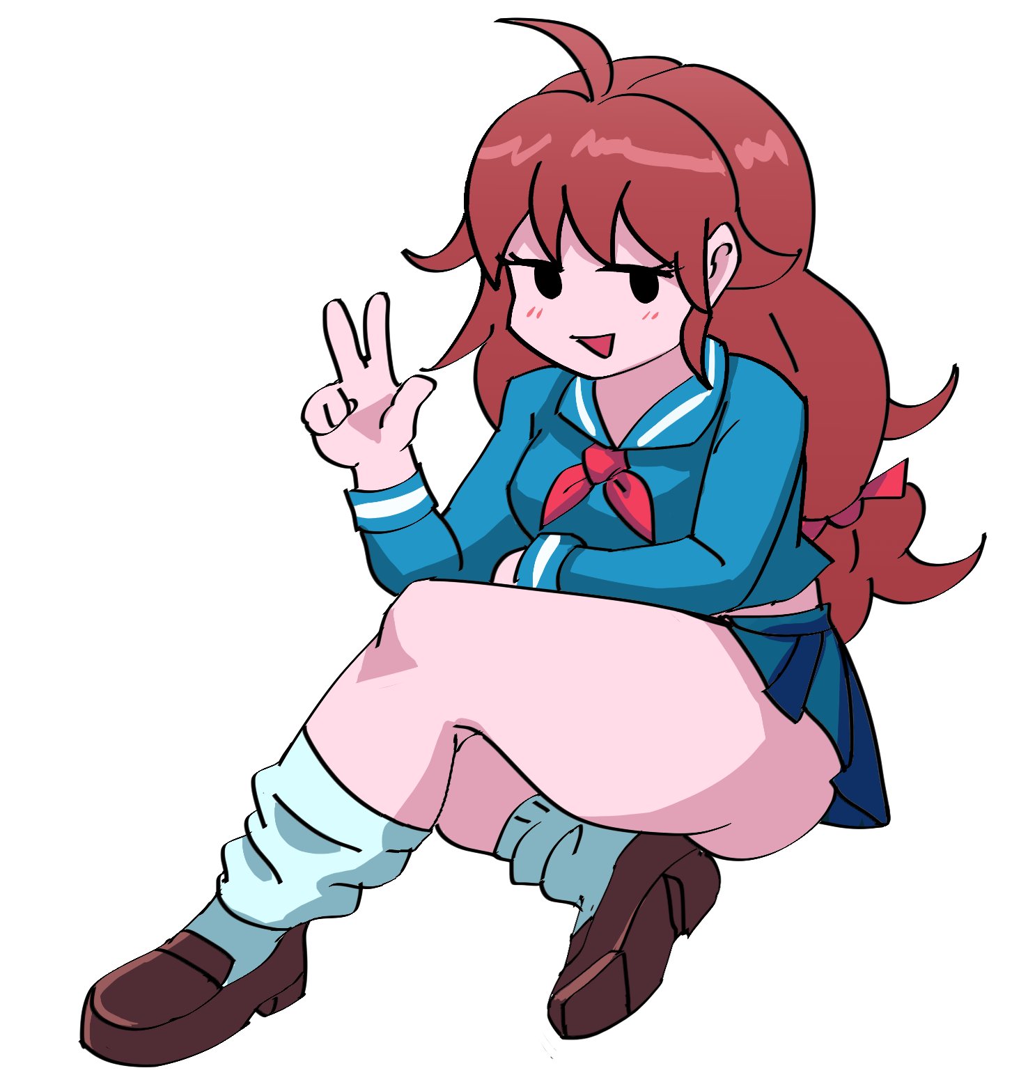 1girls, alternate costume, ass, big legs, blue dress, blue skirt, blush, blushing, brown boots, brown hair, crossed legs, female, friday night funkin, girlfriend (friday night funkin), loose socks, peace sign, ribbon, sailor collar, school uniform, shy, sitting, skirt, socks, sole female, solo, v, ytrall