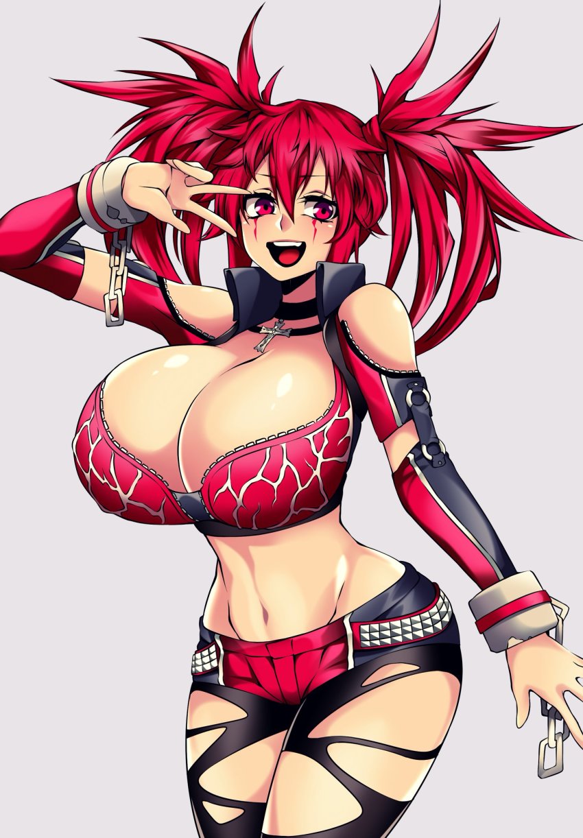 1girls, ashley (camui kamui), belly, belly button, big breasts, breasts, camui kamui (hz 666v), cleavage, curvy, exposed belly, exposed stomach, female, female only, huge breasts, large breasts, light skin, light-skinned female, original, peace sign, pigtails, punk, punk girl, red eyes, red hair, solo, stomach, thick, thick thighs, tomboy, unzipped