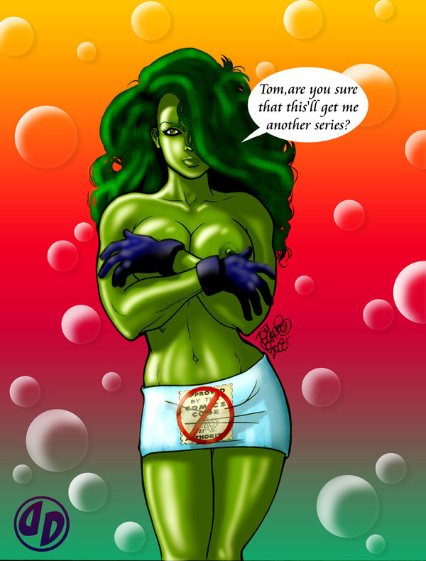 1girls 2008 big_breasts breasts color colored covering_breasts dead_dog dialogue english english_text female female_only funny gloves green_eyes green_hair green_skin hair_over_one_eye hulk_(series) long_hair marvel marvel_comics nipples she-hulk solo speech_bubble standing text tom_burgos topless