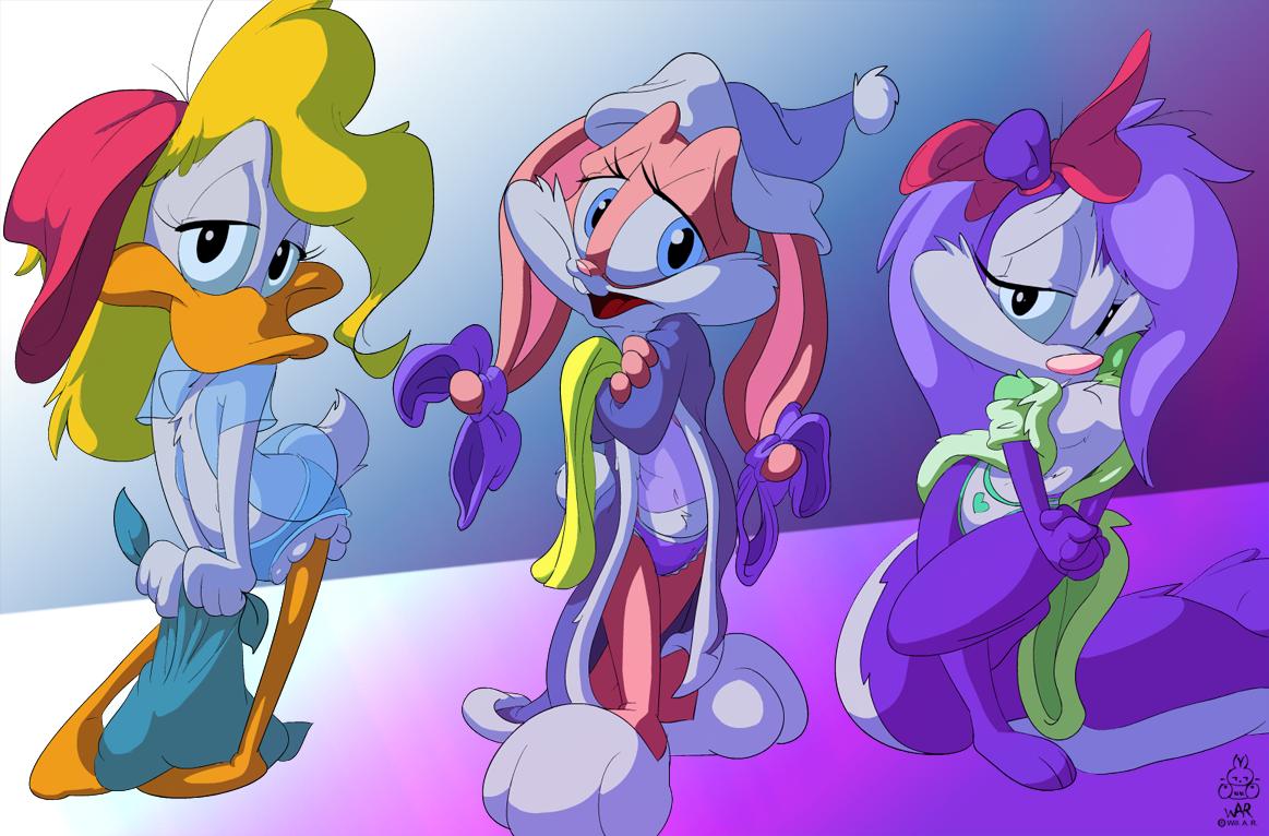 3girls anthro babs_bunny black_eyes blonde_hair blue_eyes duck female female_only fifi_la_fume fur furry ishoka lingerie mammal multiple_females panties pink_fur rabbit shirley_the_loon skunk soft_feathers tiny_toon_adventures uncensored warner_brothers