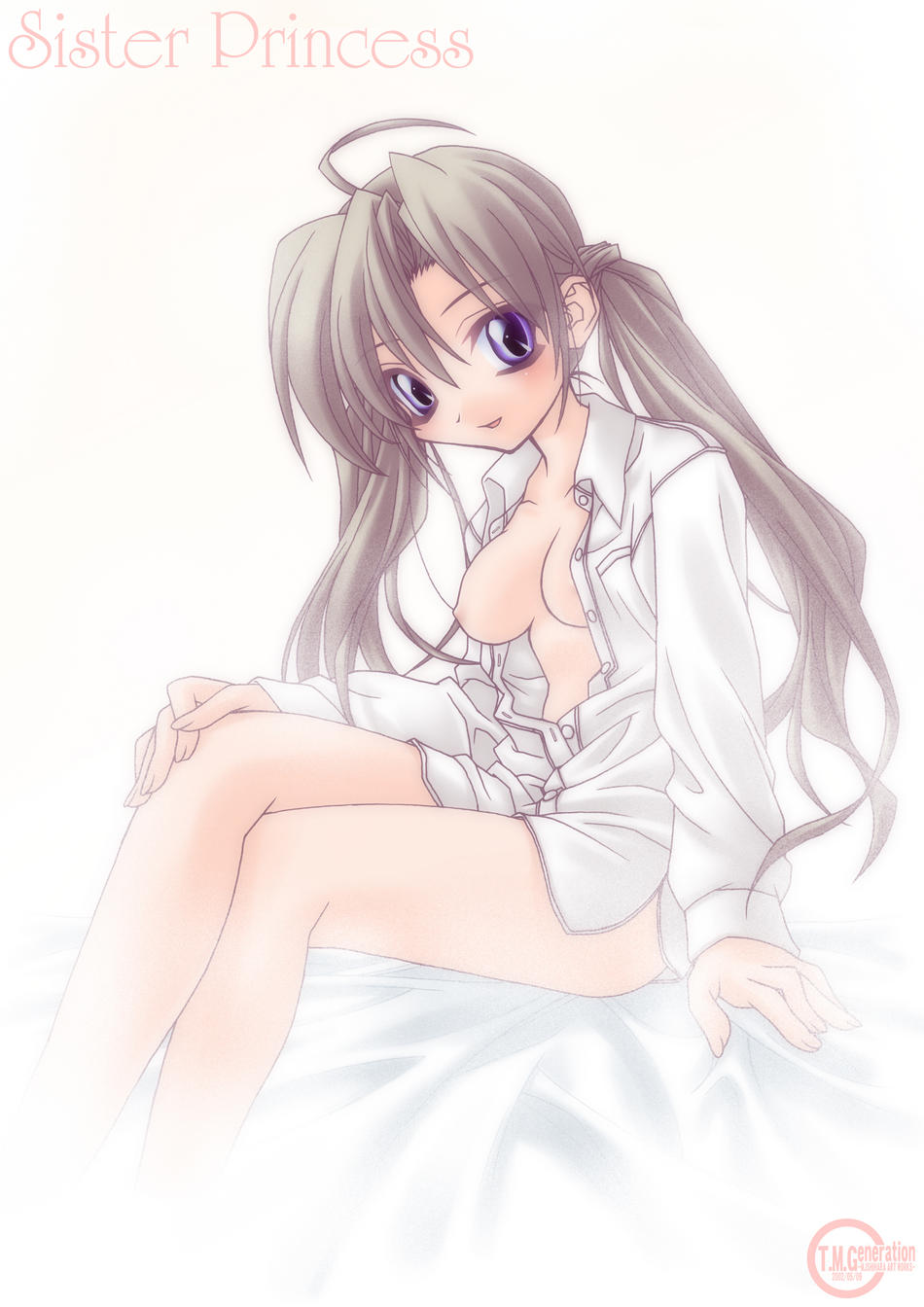 bed bottomless breasts brown_hair highres ishihara_masumi long_hair naked_shirt nipple nude open_clothes open_shirt purple_eyes sakuya_(sister_princess) shirt sister_princess smile tied_hair twintails