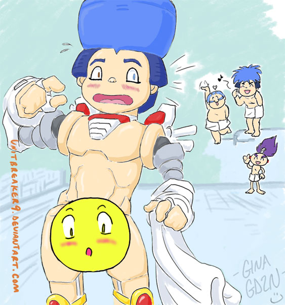 4boys artist_signature background blush censored ebisumaru_(ganbare_goemon) embarrassed ganbare_goemon goemon goemon_impact konami male_only sasuke_(ganbare_goemon) simple_background towel towel_slip unitbreaker9